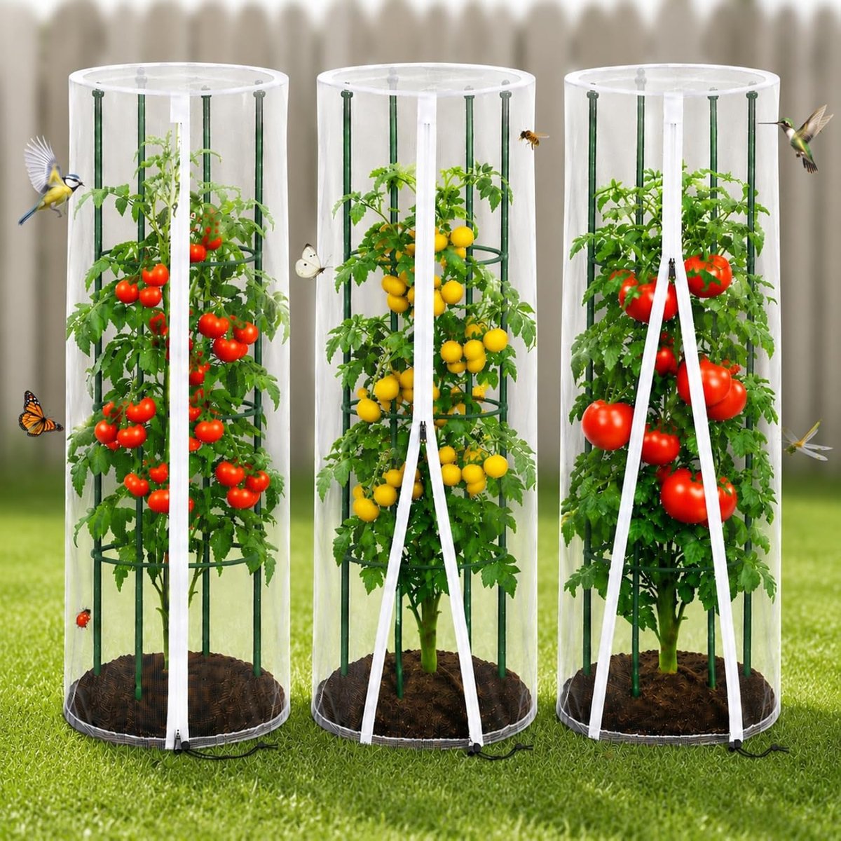 SnelShoppen - Vogelbeschermingsnet en Insectenwerend Net voor Tomaten, Klimhulp en Klimrooster, Set van 3, Rond Plantenbeschermingsnet Ø 45 × 155 cm,