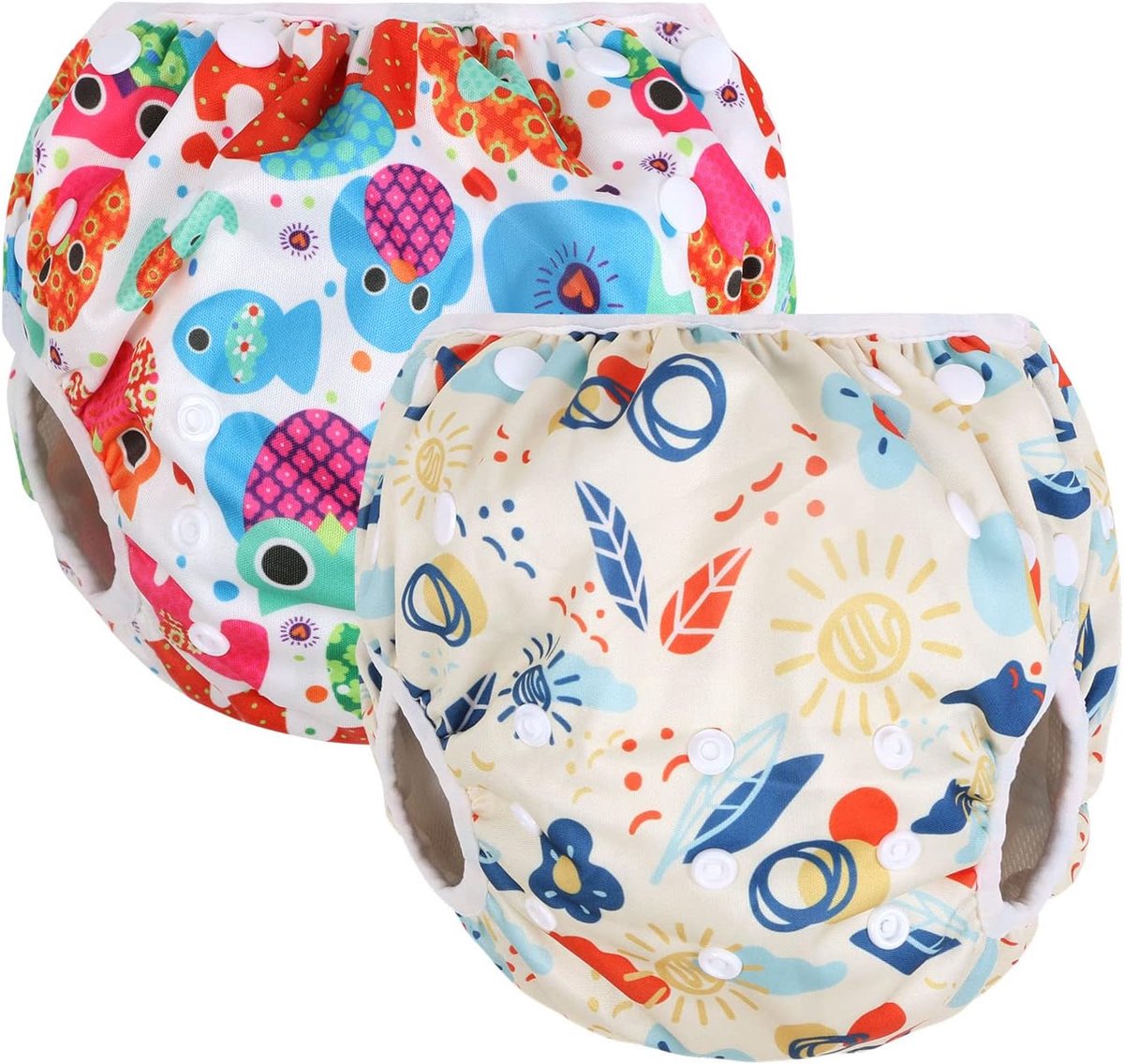 SnelShoppen - Baby Zwembroek Set van 2 - Herbruikbare en Wasbare Zwemluier voor Peuters 0-3 Jaar - Kleurige Dieren en Gele Zonnebloemen - Verstelbaar