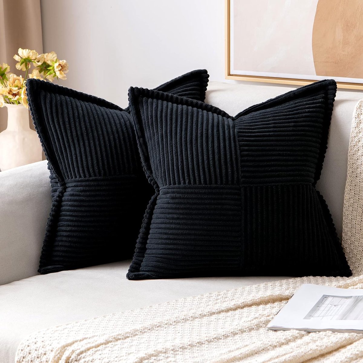 SnelShoppen - Set van 2 Zachte Corduroy Kussenhoezen 50x50 cm - Decoratieve Kussens voor Bank en Slaapkamer - Modern Design in Zwart - Perfect voor Wo
