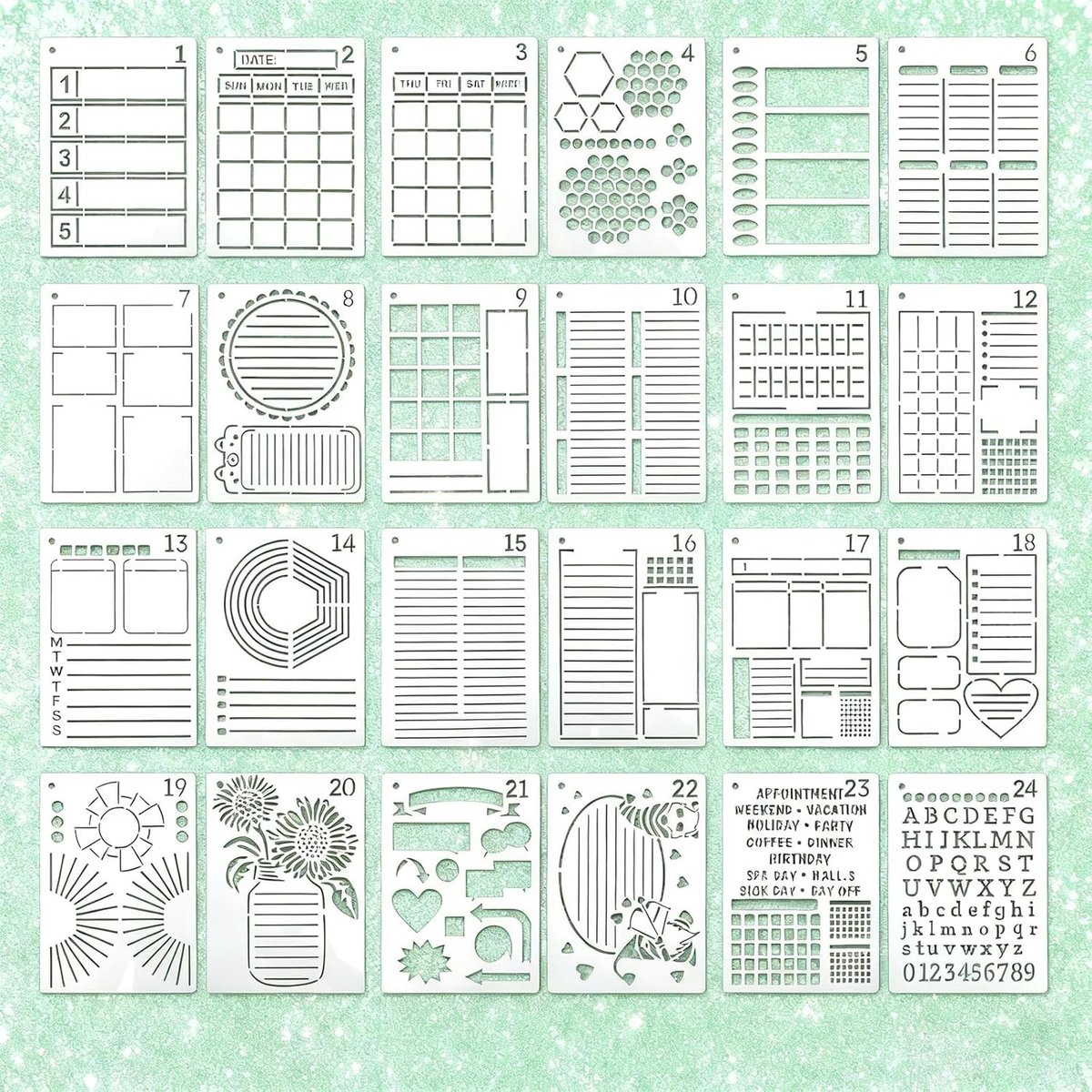 SnelShoppen - 24 Stuks Journal Templates Set - PET Bullet Journal Planner voor DIY Schilderen, Notitieboek Decoratie, 17.8 x 12.7 cm, Herbruikbaar en
