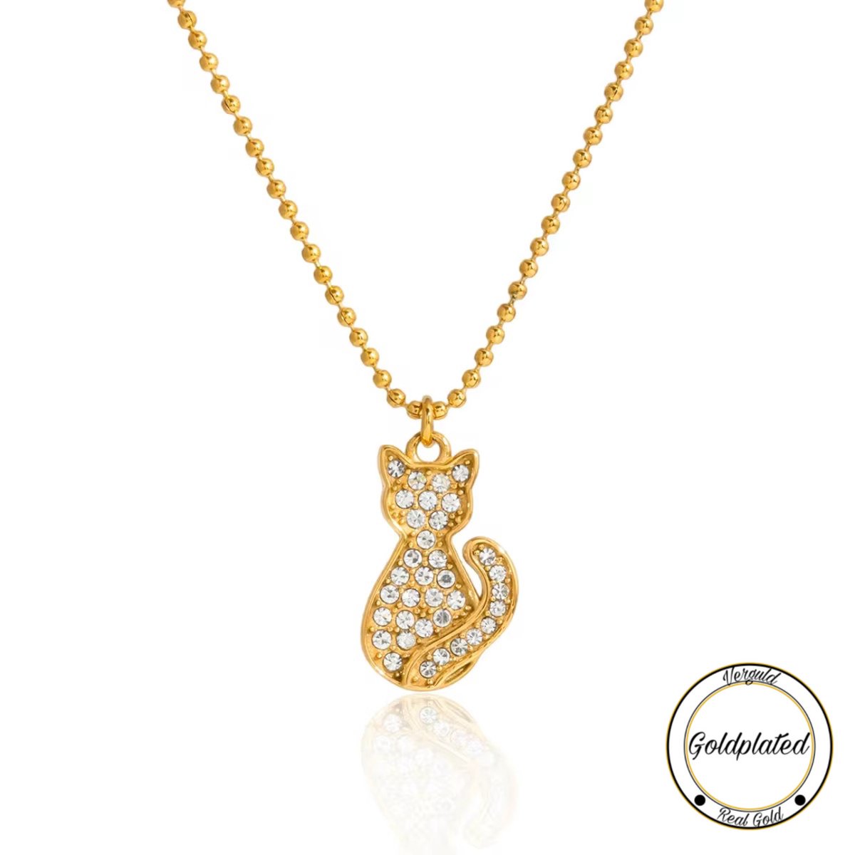 Goldplated Katten Ketting met Zirkonia | Goudkleurige Damesketting met Kat Hanger | Cadeau voor Kattenliefhebber | Cadeau Voor Haar | Borasi |
