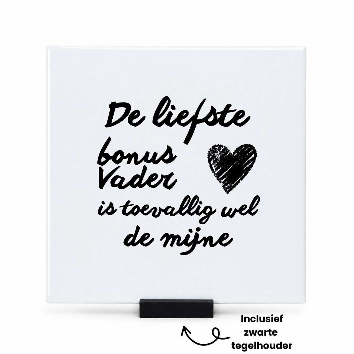 Hacebo De liefste bonus vader met zwart hart tegeltje met tegelhouder - Vader - Liefste bonusvader - tegeltjes met tekst - Vaderdag cadeautje - Cadeau voor papa - Verjaardag - Geschenk - Cadeau - Gift - spreuktegels - 15x15 CM Wit