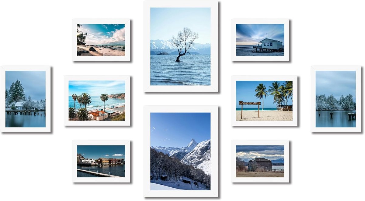 SnelShoppen - Set van 10 Fotolijsten - Collage Fotolijsten in Wit - Inclusief 2x 20x25 cm, 4x 13x18 cm, 4x 10x15 cm - Voor Wanddecoratie, Thuis en Kan