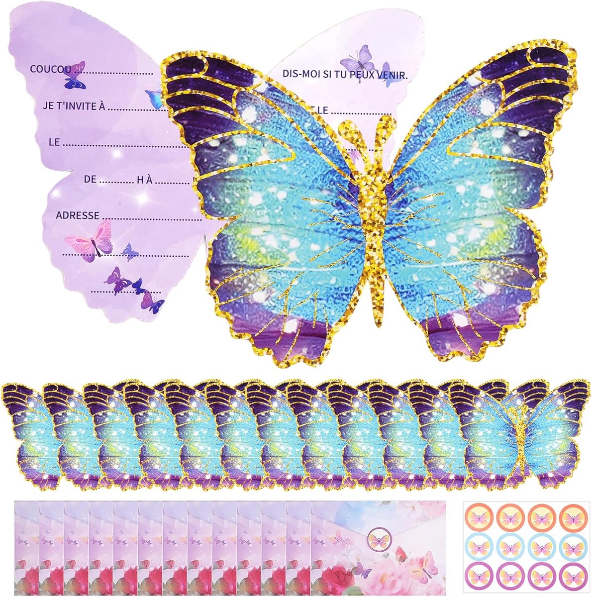 SnelShoppen - 12 x Verjaardagsuitnodigingen voor Meisjes met 12 Enveloppen en Vlinder Stickers - Feestuitnodiging voor Kinderfeestje, 10x14 cm, Schatt