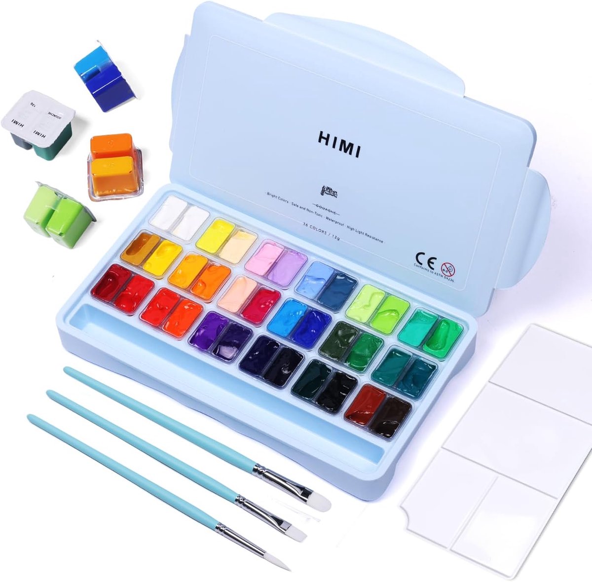 Gouache Verfset 36 Kleuren - 12 ml Twin Jelly Cup - 3 Penselen - Palet - Draagtas - Perfect voor Kunstenaars - Schilderverf