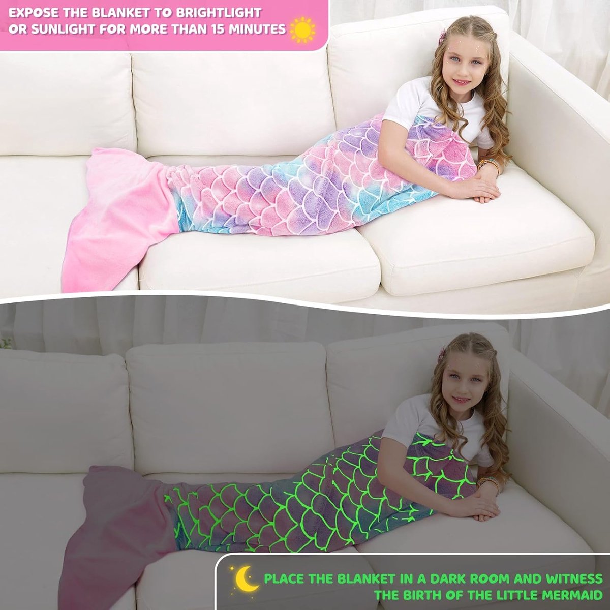 SnelShoppen - Glow in the Dark Zeemeermin Deken, Zachte Flanellen Fleece Cuddle Deken voor Meisjes, Glanzend 140 x 60 cm, Perfect als Kerst- en Verjaa