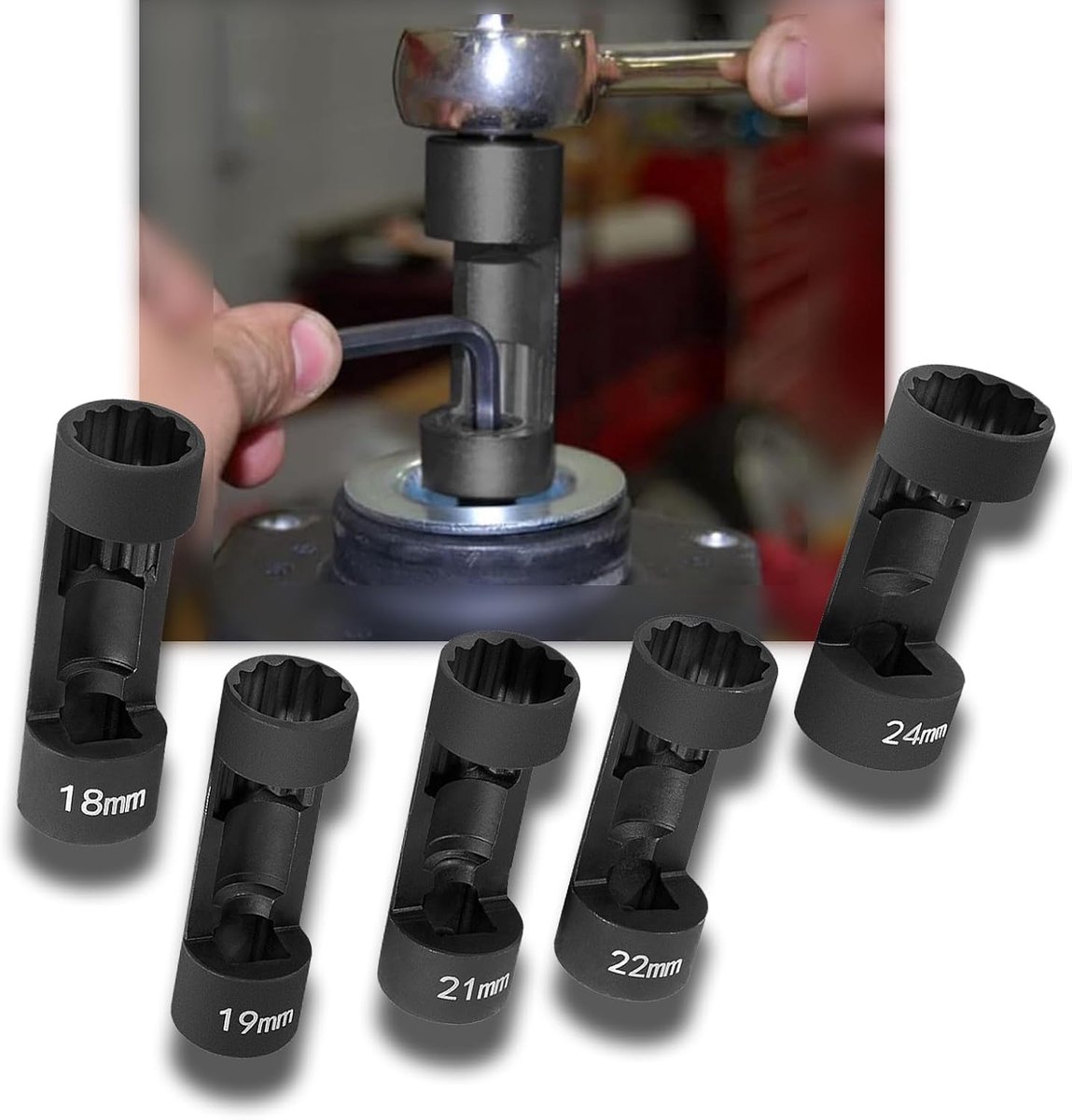 SnelShoppen - Nut Socket Wrench Set 5-delig - Strut Socket Wrench - 12-Point 1/2" Drive - 18mm, 19mm, 21mm, 22mm, 24mm - Hex Wrench voor Auto Onderhou