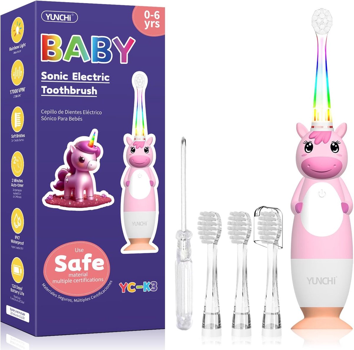 SnelShoppen - Elektrische Tandborstel voor Kinderen 0-6 Jaar met Kleurrijke LED Licht, Slimme Timer, 4 Zachte Borstels, Veilig Materiaal, Perfect voor