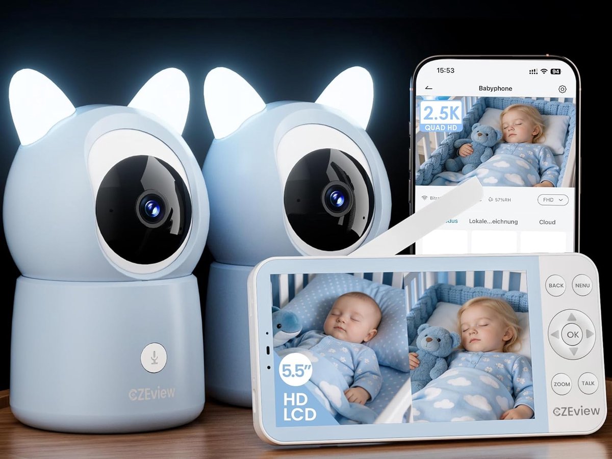 SnelShoppen - Baby Monitor 2.5K met 2 Camera's, 4x Zoom, 5.5" HD Scherm, Wifi, Nachtzicht, Temperatuurdetectie, Beweging & Geluid, 2-Weg Communicatie,