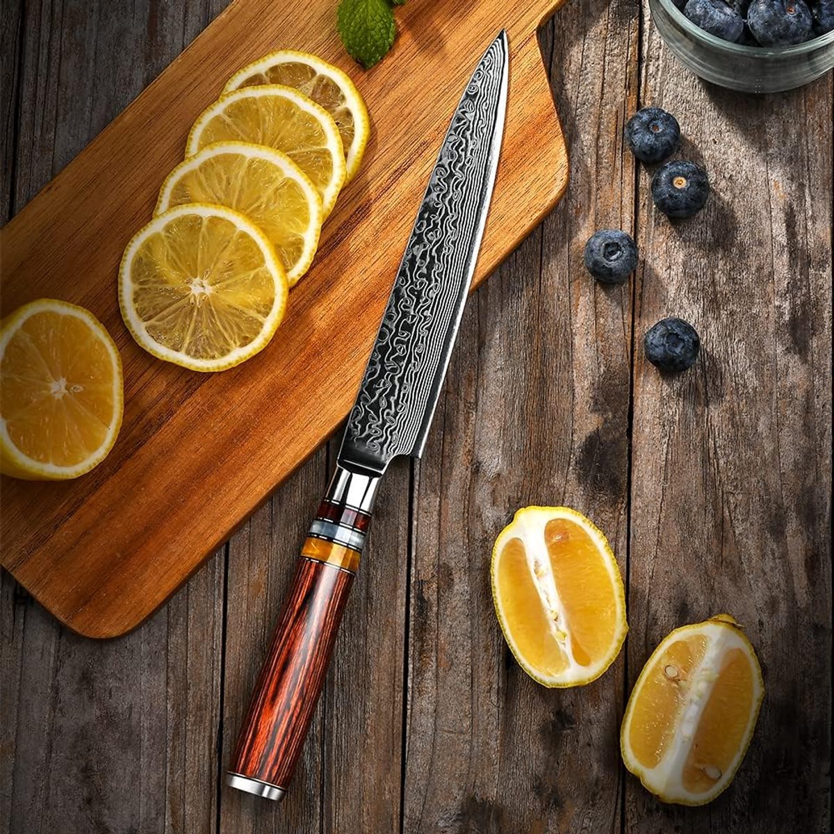 SnelShoppen - Professionele Damast Koksmes 6 inch - Scherp Keukenmes, Fruitmes, Hoogwaardige VG-10 Staal met Pakka Houten Handvat, Ideaal voor Groente