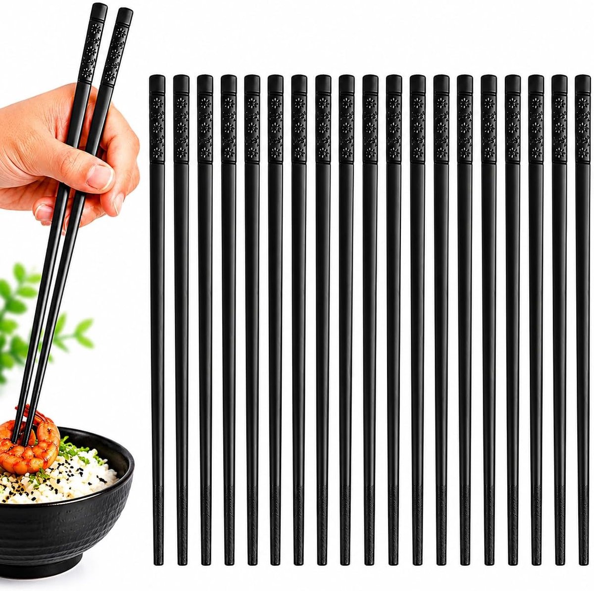 SnelShoppen - 10 Paar Vaatwasserbestendige Fiberglass Chopsticks 24cm Zwart - Non-Slip Herbruikbare Stokjes voor Sushi, Rijst en Pasta - Geschikt voor