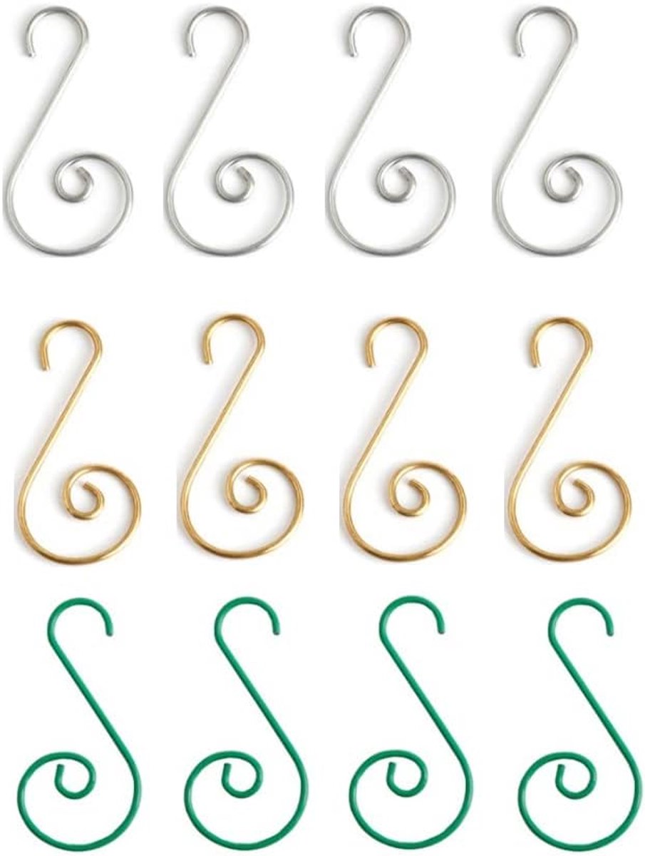 Thijox - 120 Stuks S-Haken voor Kerstboom, Metalen Ornamenthaken in Goud/Zilver/Groen, 4x2 cm, Duurzaam en Stevig voor Feestelijke Versiering