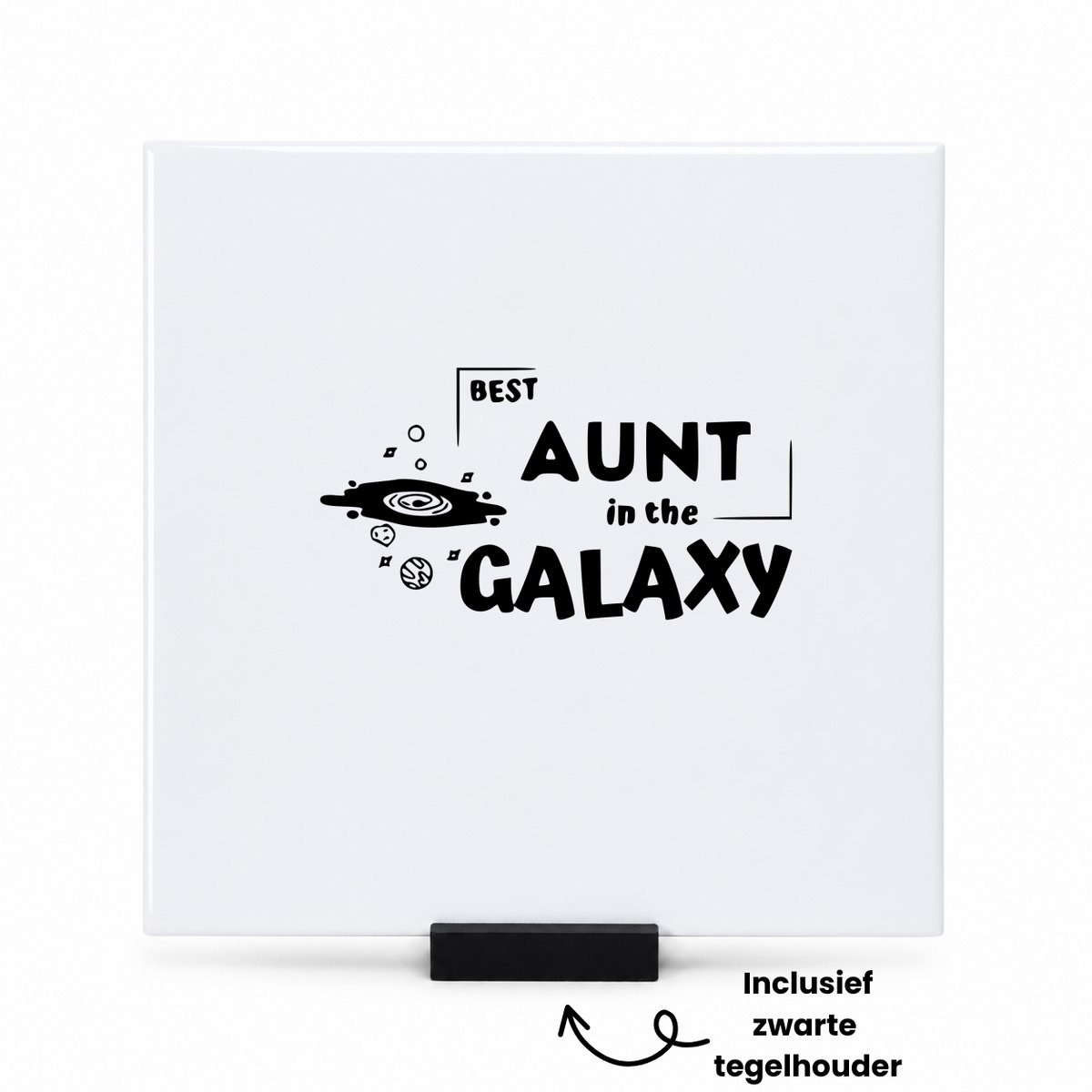 Hacebo Beste tante in het universum tegeltje met tegelhouder - Tante - Familie - tegeltjes met tekst - Cadeau - spreuktegels - 15x15 CM Wit