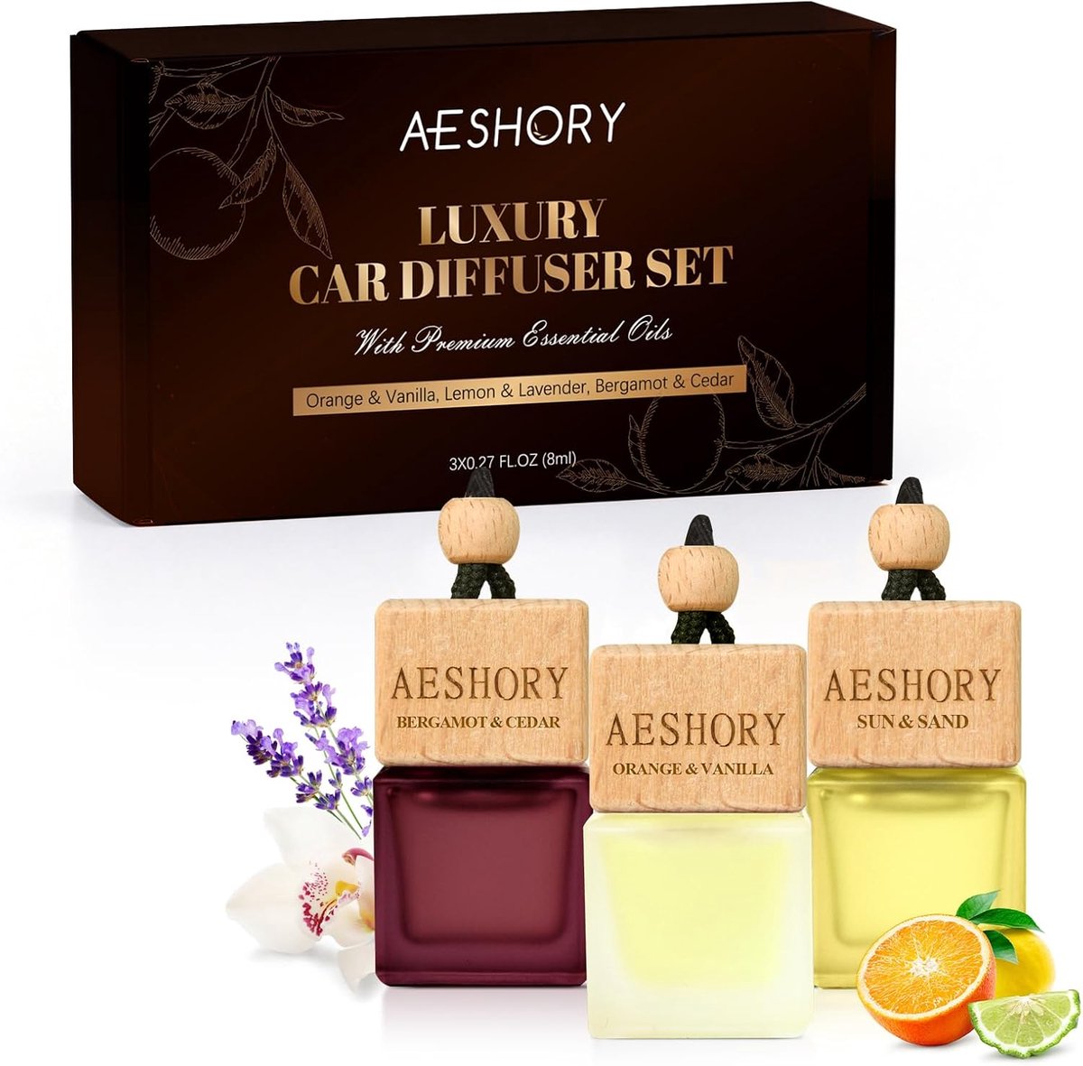 SnelShoppen - Auto Luchtverfrisser Set Citrus 3x8ML | Geur Diffuser voor Auto en Thuis - Neroli & Vanille, Citroen & Lavendel, Bergamot & Cedar | Natu
