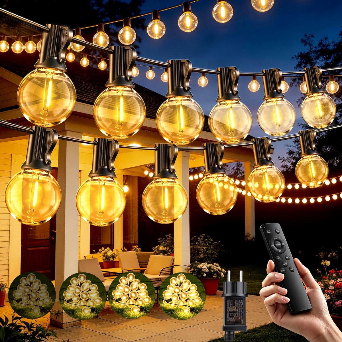 SnelShoppen - 20 m LED Fairy Lights G40 Buitenverlichting met Afstandsbediening - Knipperende Tuinverlichting voor Feesten, Camping en Tuin Decoratie