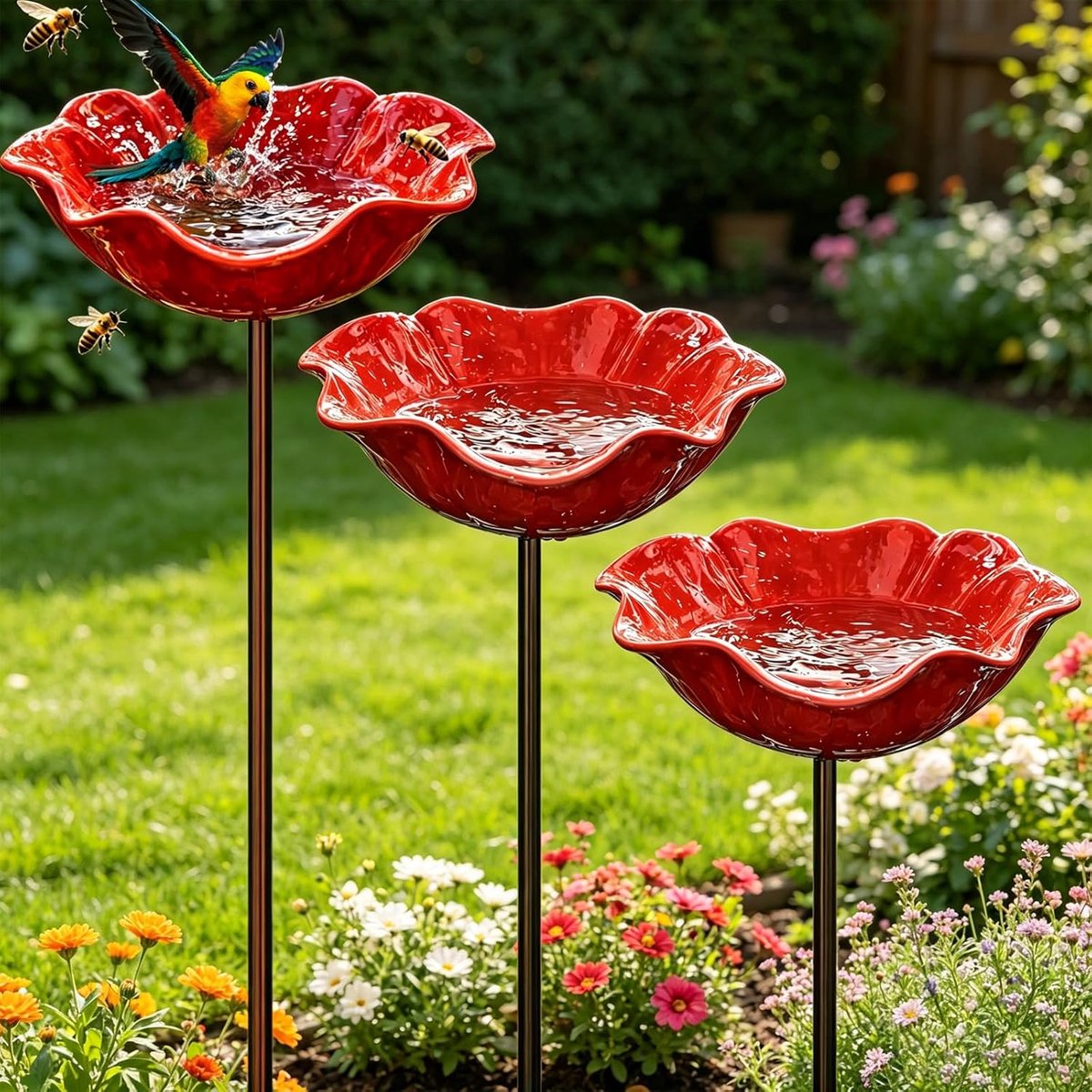 SnelShoppen - Bird Bath Staand 3 Delen Waterbad voor Vogels Handgemaakte Bloemvorm Metalen Tuin Bad voor Vogels Insectenbak Drinkbak voor Bijen Frost-