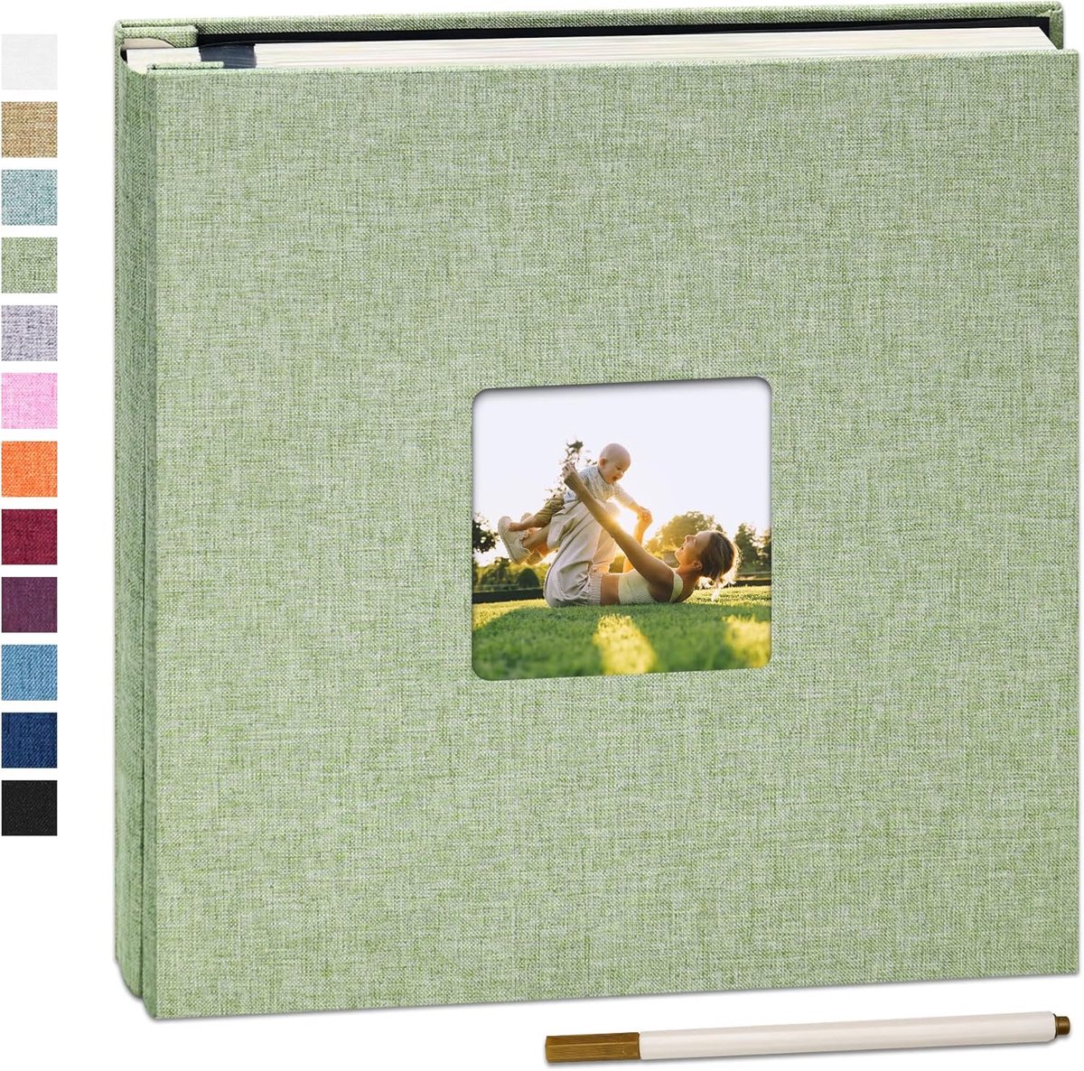 SnelShoppen - Self Adhesive Fotoalbum 28x27cm - 60 Pagina's voor 10x15, 13x18, 20x25cm - Linnen Scrapbook Album in Grasgroen - Perfect voor Trouwen, R