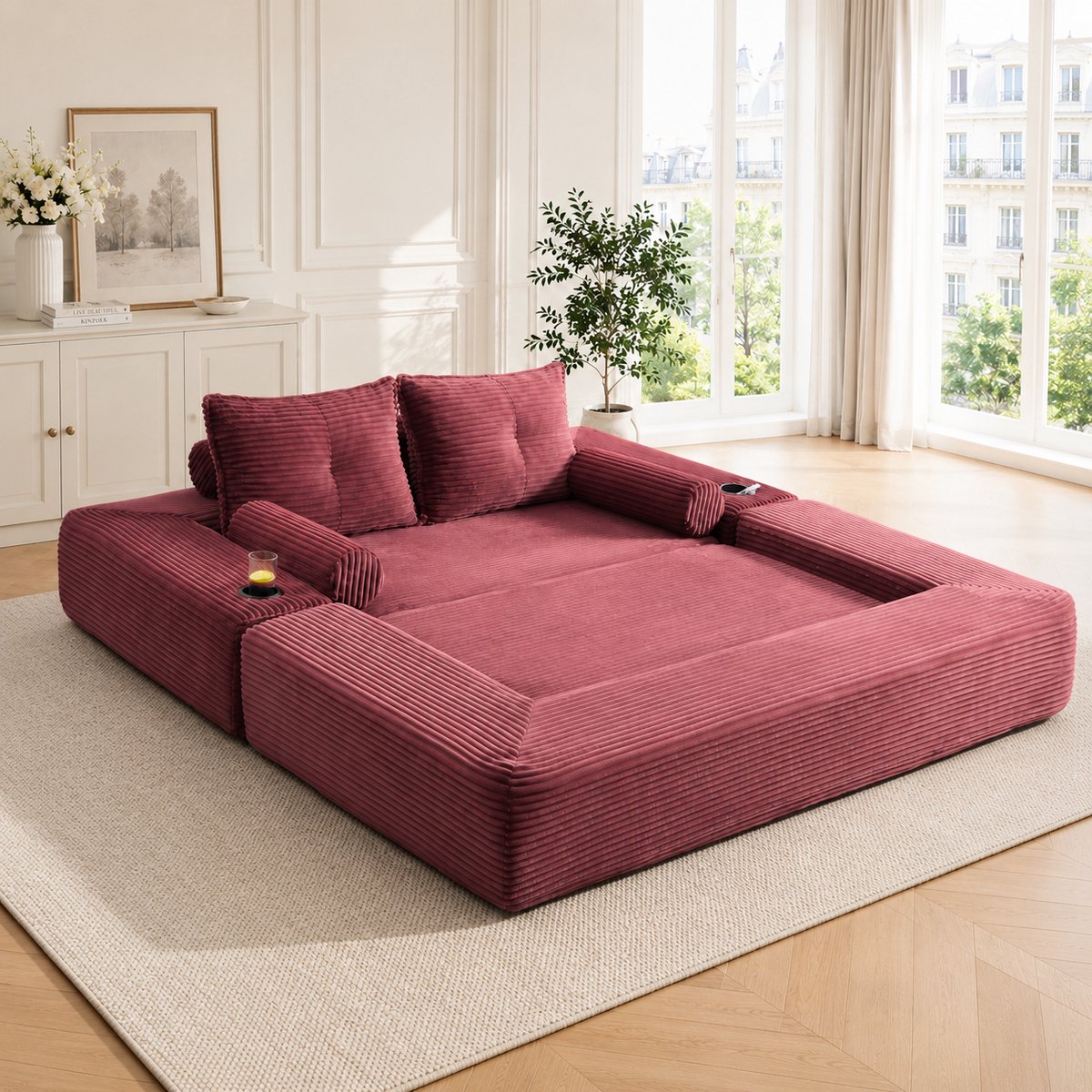 STILVORA Slaapbank 180 x 98 x 80 cm - 2-Zits Uitklapbare Bank Met Zijvakken En Drinkhouder - Voor Woonkamer En Logeerkamer - Corduroy Wijnrood