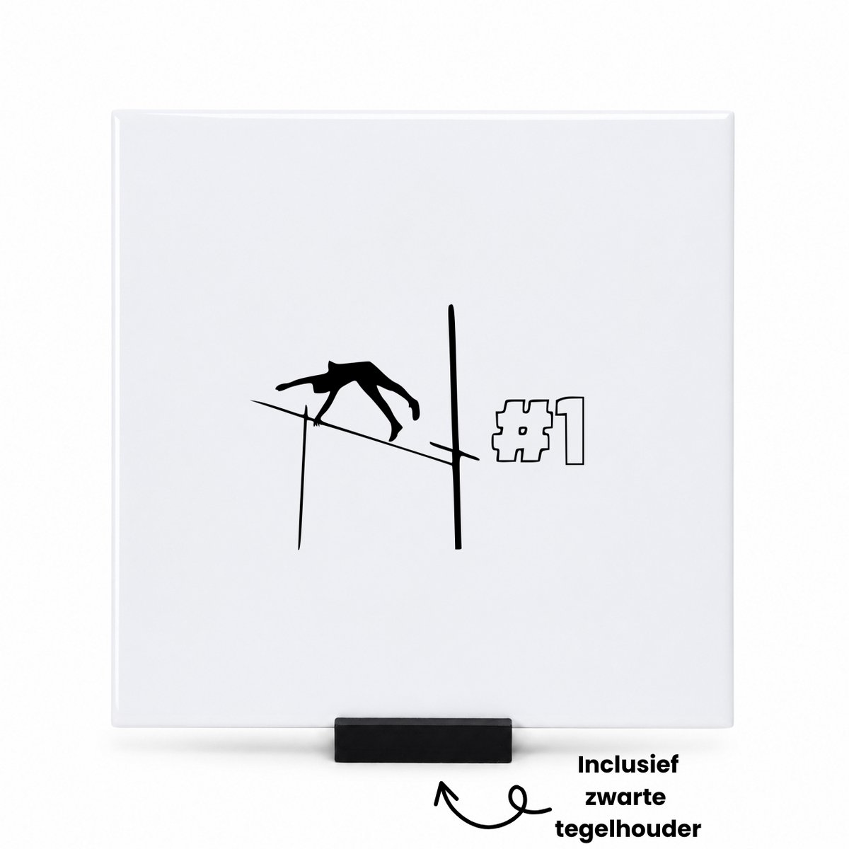 Hacebo Polsstokhoogspringen tegeltje met tegelhouder - Sport - Familie vrienden - tegeltjes met tekst - Cadeau - spreuktegels - 15x15 CM Wit