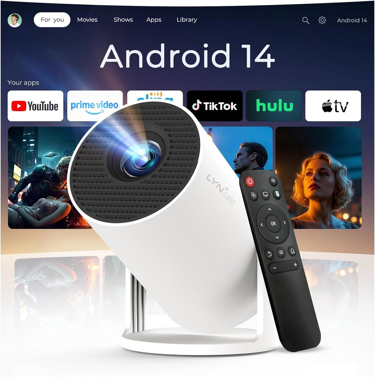 SnelShoppen - Mini Beamer WiFi 6 Bluetooth 5.4 Projector 1080P 4K 180° Draaibaar Android 14 Voor Thuis Buiten Feesten Camping Tuin