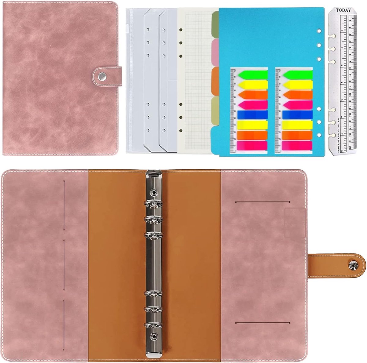 SnelShoppen - Leren Notitieboek A5 Ringband Navulbaar - Roze PU-Leer met Binnenvak, Organiser, Dagboek voor Jongens en Meisjes, 23 x 17 cm