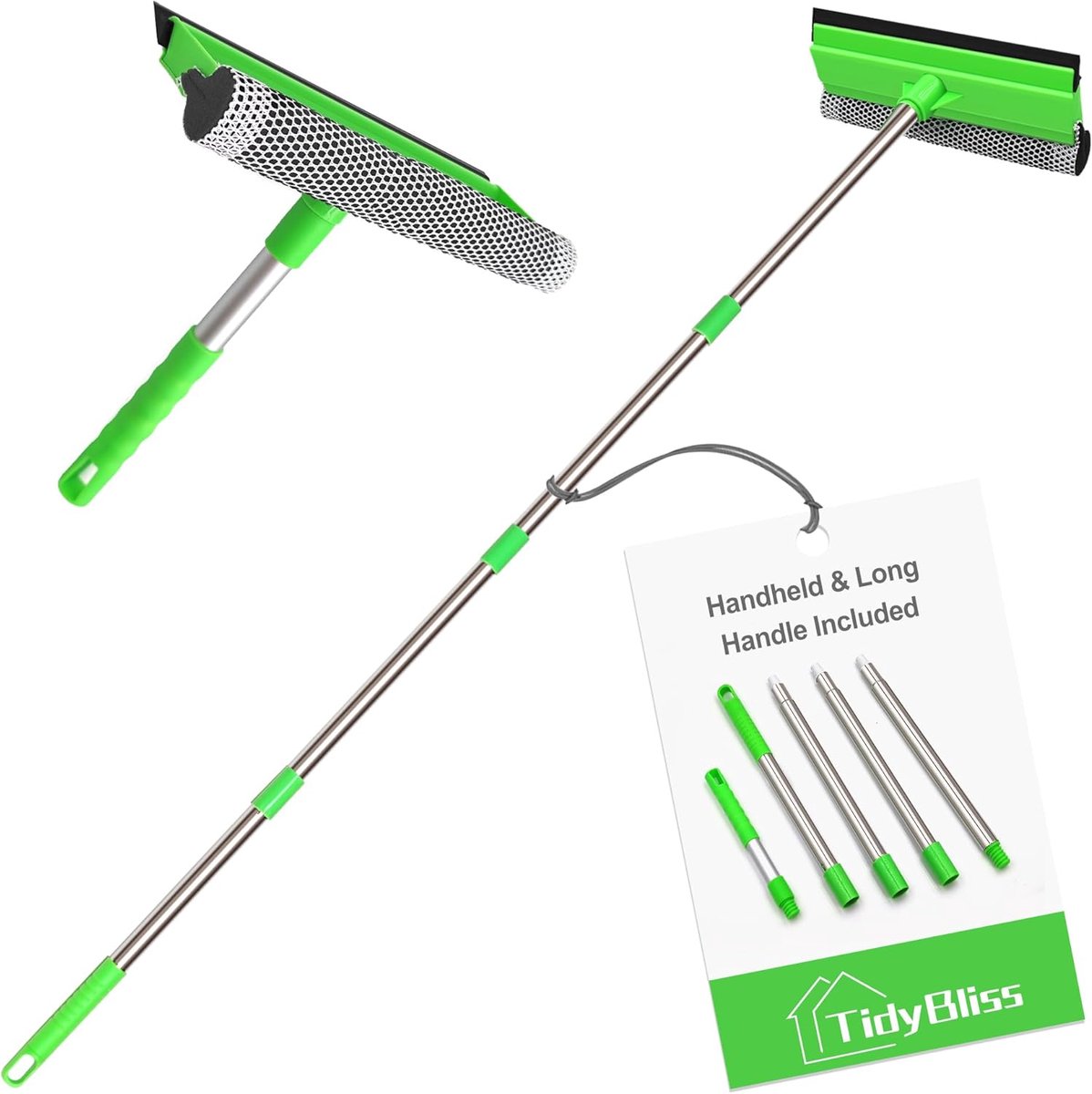 SnelShoppen - Raamreiniger Set met Spons en Rakel, 143 cm Steel, Streepvrij Drogen, Perfect voor Ramen, Douchedeuren, Auto, Keuken, Groen