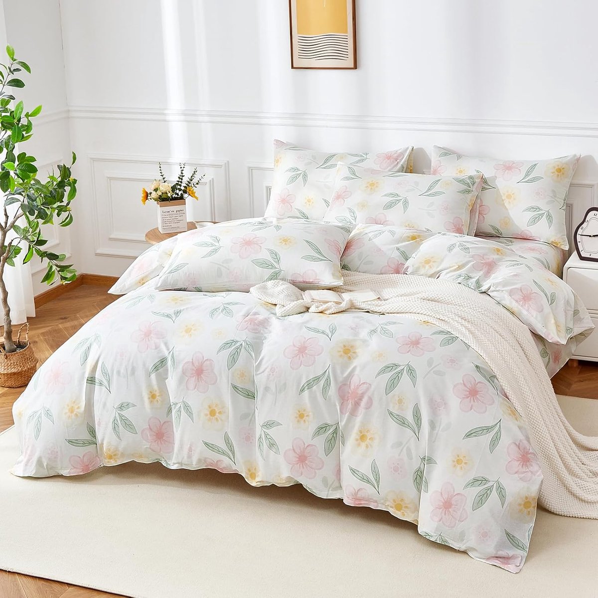 SnelShoppen - Bloemen Beddengoed Set 155 x 220 cm, Roze en Geel, Katoen, Zacht en Ademend, 3-delige Set met Ritssluiting en 2 Kussenslopen 80 x 80 cm