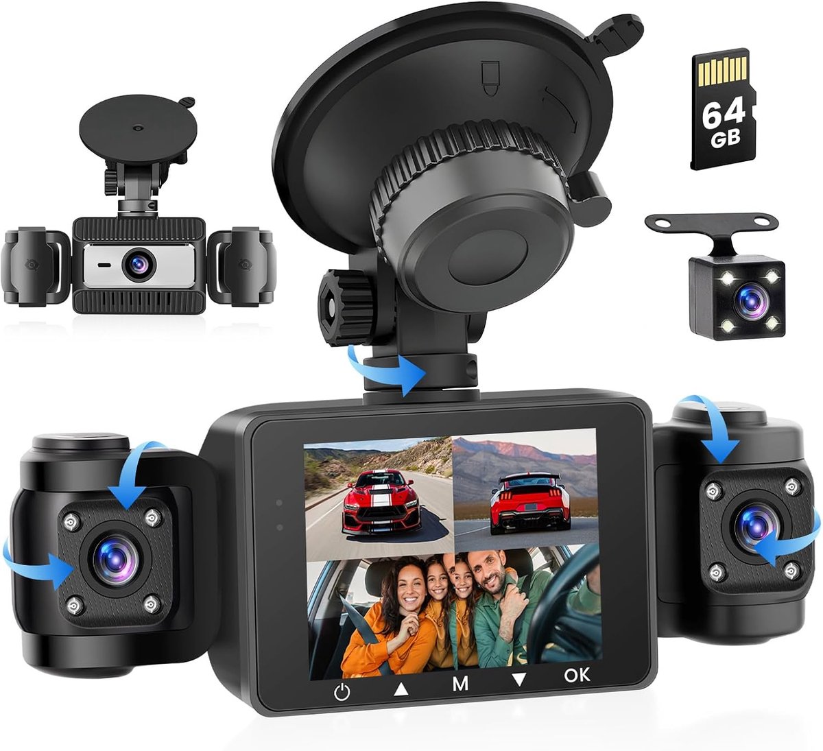 SnelShoppen - 4-kanaals Dashcam Auto 360 Graden FHD 1080P - Loopopname, G-Sensor, Nachtzicht, Parkeerbewaking, Back-upassistent met 64 GB SD-kaart