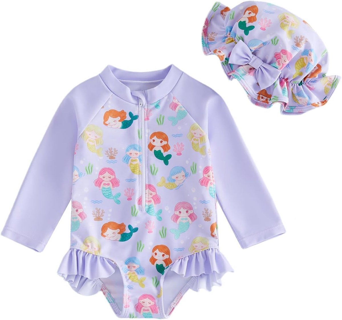 SnelShoppen - 2-delig Badpak Set Voor Baby's En Peuters - Meisjes Badkleding Met Rashguard Tankini - Lange Mouwen - Cartoon Print - Zonnehoed - Nylon