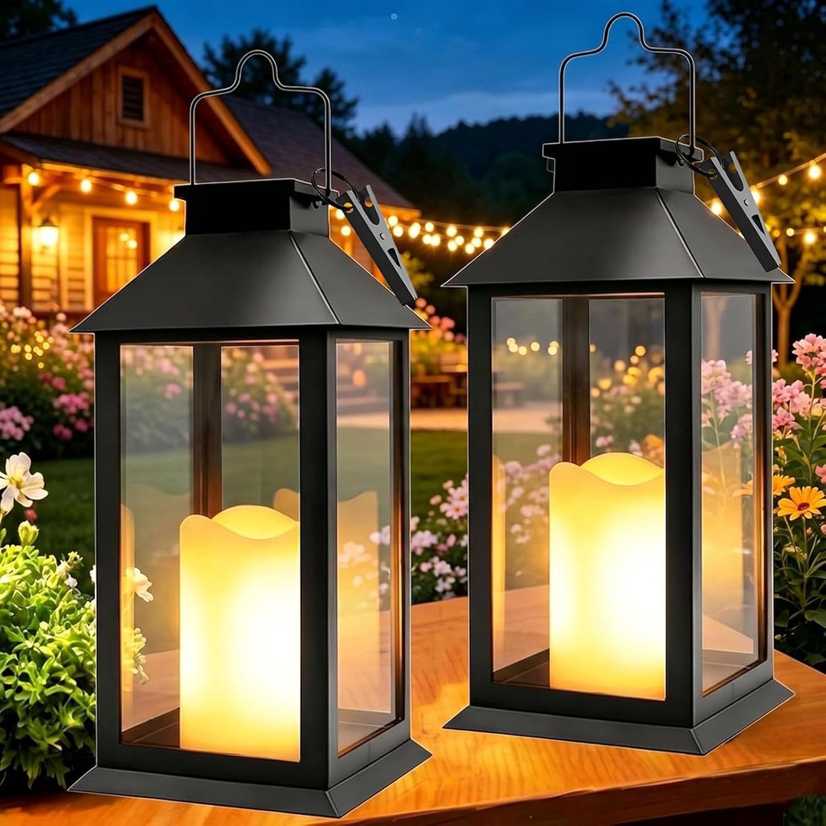 Lantaarn Op Zonne-Energie Voor Tuin - Set Van 2 Met Vlameffect - Draadloze Buitenverlichting Op Zonne-energie - Sfeervolle Tuinlamp Voor Terras, Balkon En Pad