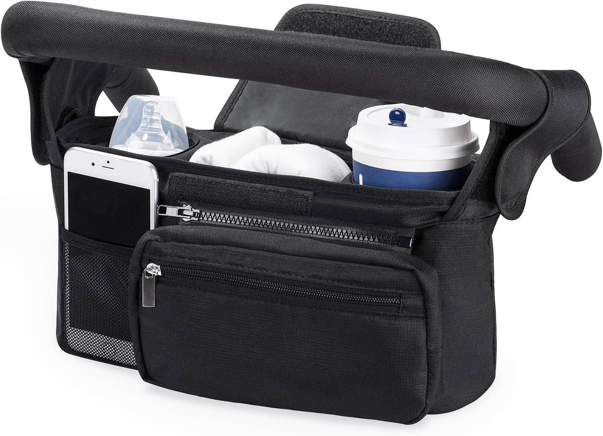 SnelShoppen - Universele Kinderwagen Organizer met Ritssluiting, Schouderriem en Opbergruimte voor Luiers, Telefoons en Babyaccessoires - Zwart