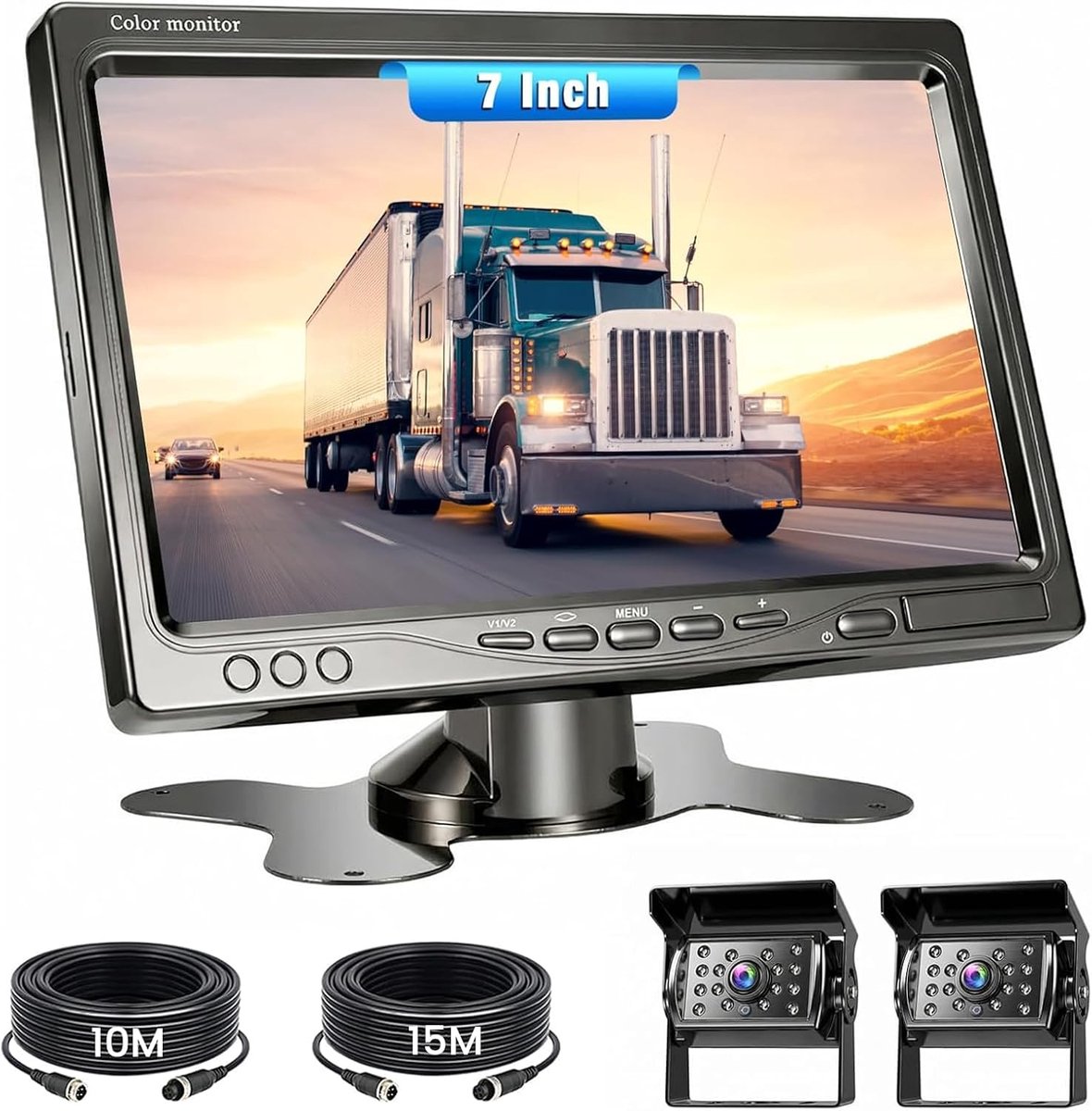 SnelShoppen - Achteruitrijcameraset met 7 inch monitor, 2 waterdichte achteruitrijcamera's, 18 IR nachtzicht, kabelparkeerhulp voor aanhanger, bus, ca
