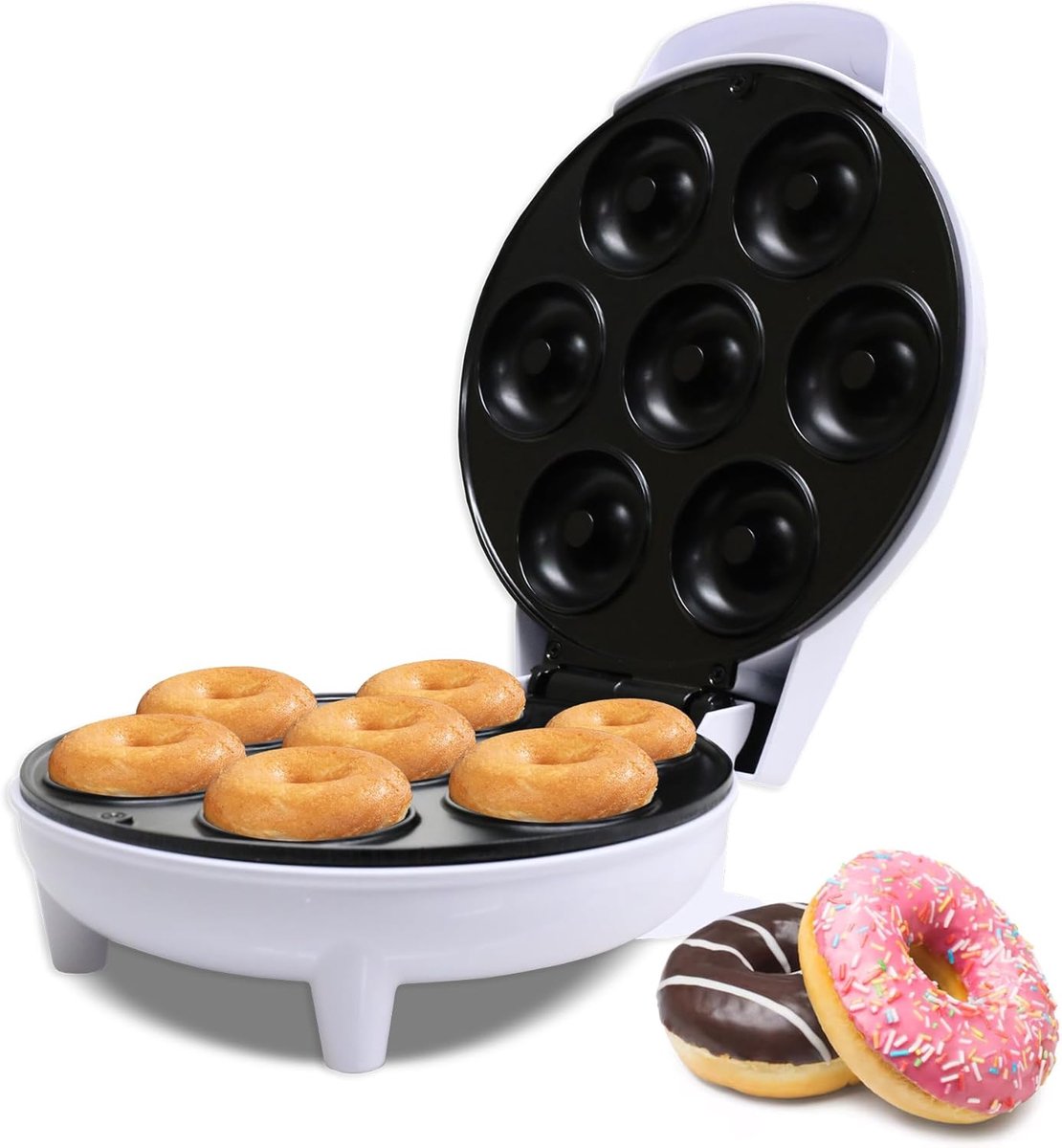 Mini-donutmaker, geschikt voor festivals, kinderen, ontbijt of snacks, desserts enz., antiaanbaklaag, kan 7 donuts tegelijk maken, wit