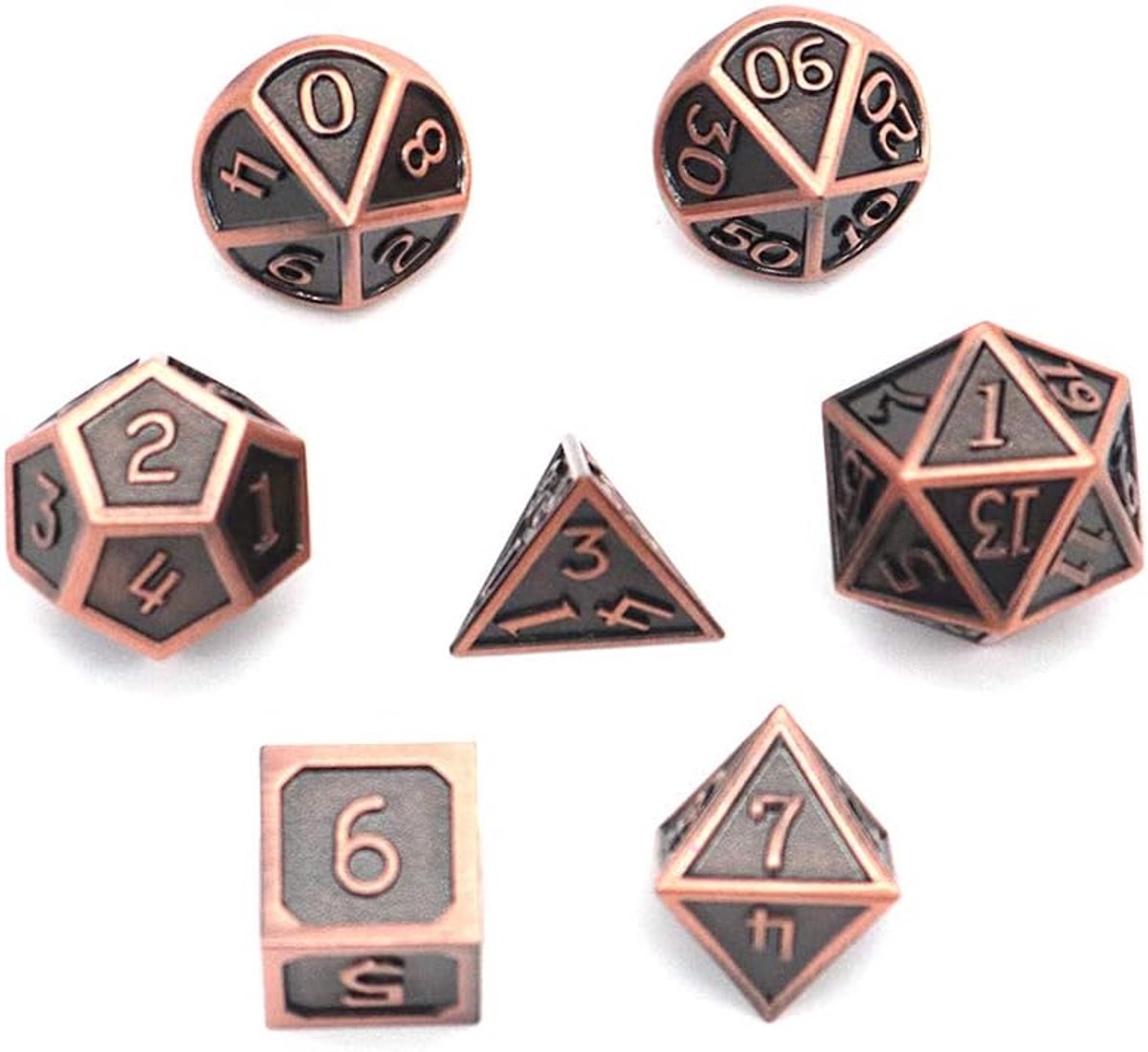 SnelShoppen - Polyedrische D&D Dobbelstenen Set van 7 Stuks van Massief Metaal met Opbergtas - Dungeons & Dragons, RPG, Geplateerd Koperrood, Perfect