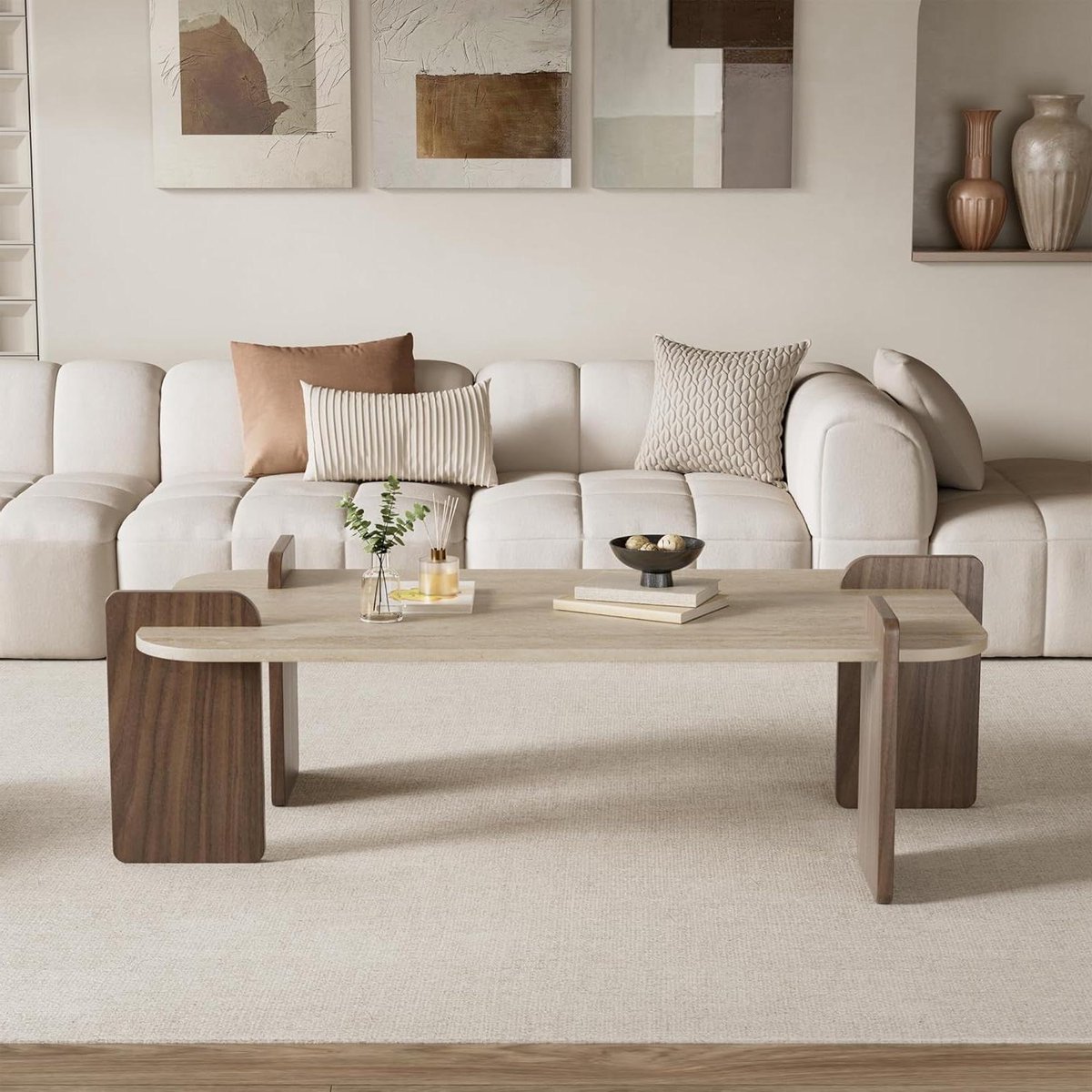 Salontafel Modern - Woonkamertafel - Ontspannen Sfeer - Steenlook Houtlook - 120 x 60 cm - Travertijn Bruin