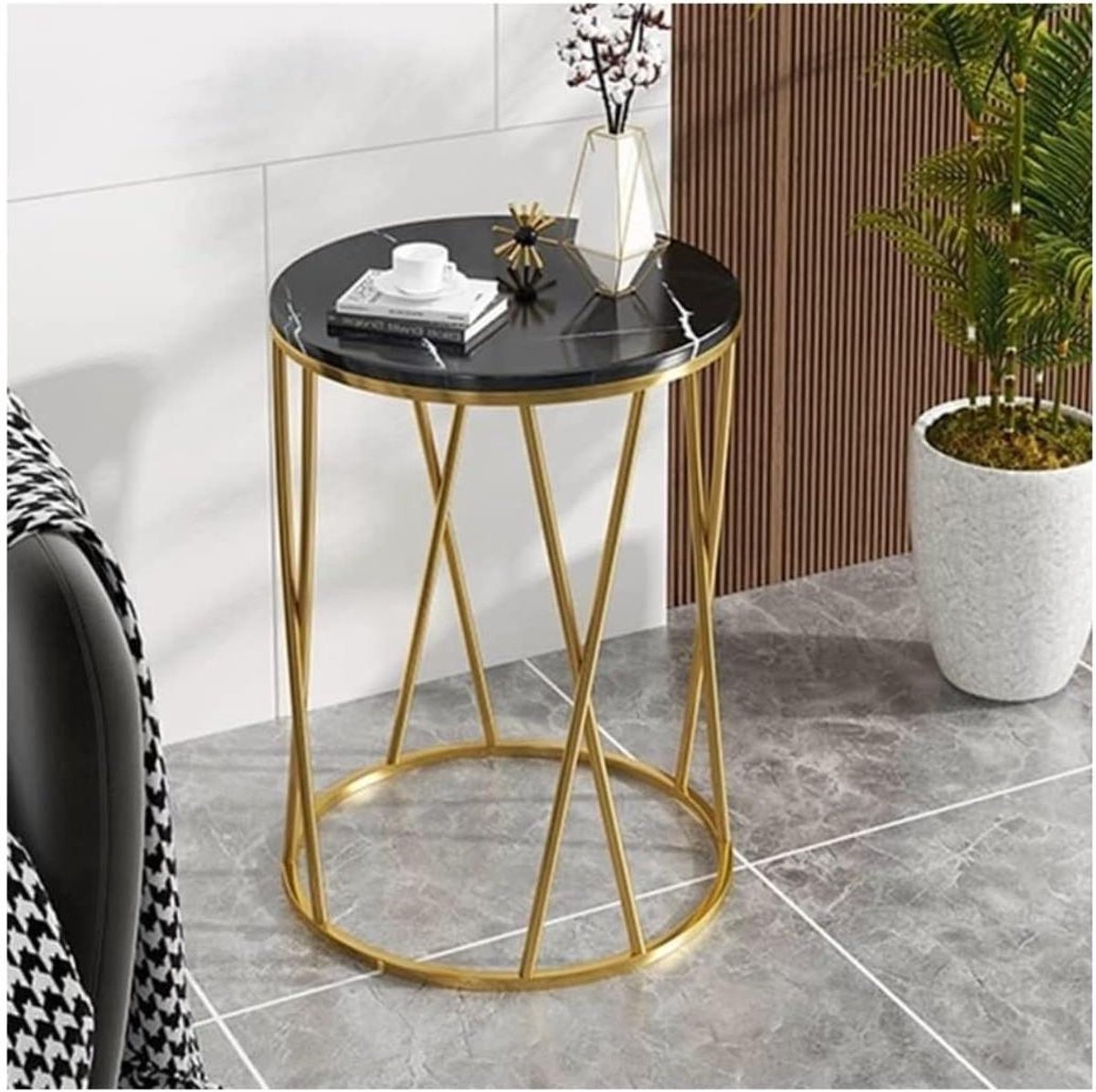 Kleine Salontafel - Bijzettafel Hoektafel - Woonkamer Decoratie - Slijtvast Marmerlook - 40x40x57cm - Zwart