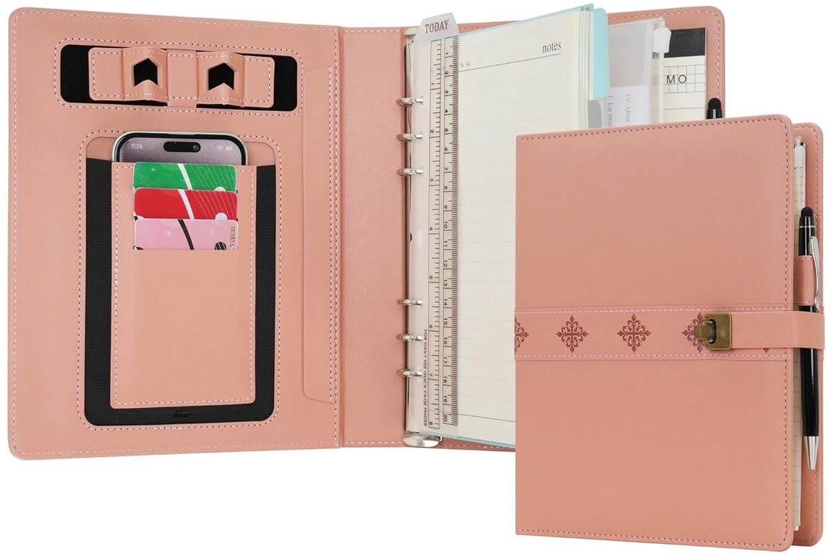 SnelShoppen - Wason A5 Notebook Portfolio - Vintage PU Leren Ringband Organizer met Telefoonstandaard, Telefoonvak, Zippervak, Clipboard en Navulbare