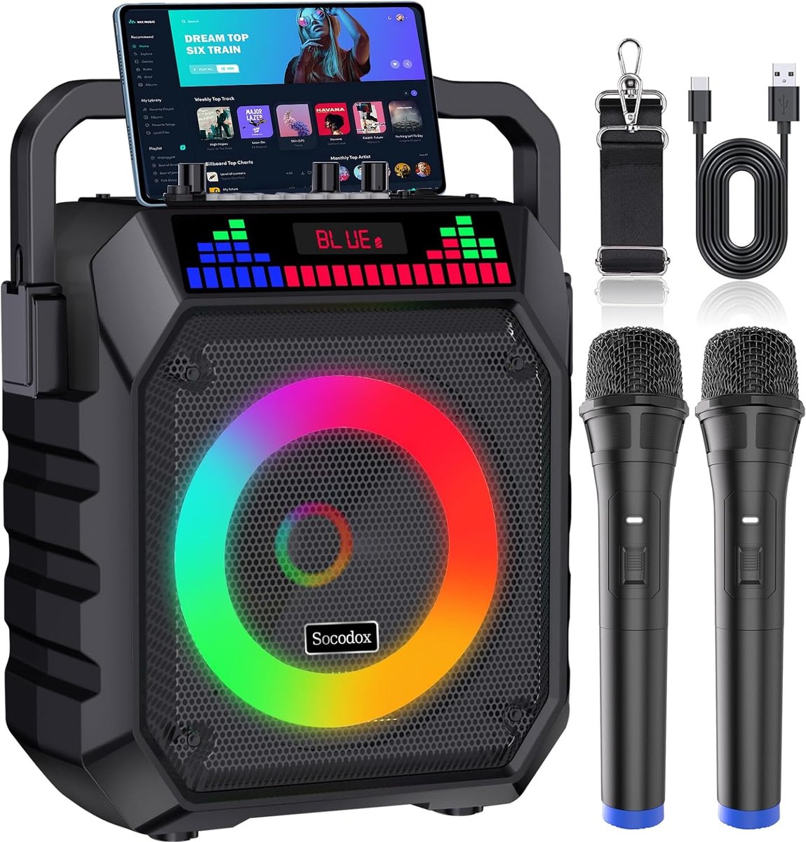 SnelShoppen - Draagbare Karaoke Machine met Bluetooth Speaker en 2 Draadloze Microfoons voor Volwassenen en Kinderen, RGB Verlichting, PA Systeem voor