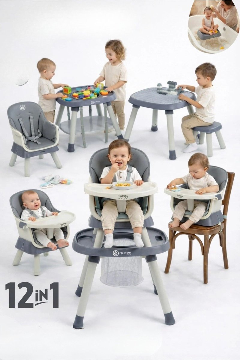 Yummy 12-in-1 Kinderstoel Blauw – Multifunctioneel met Speelblad & Werktafel