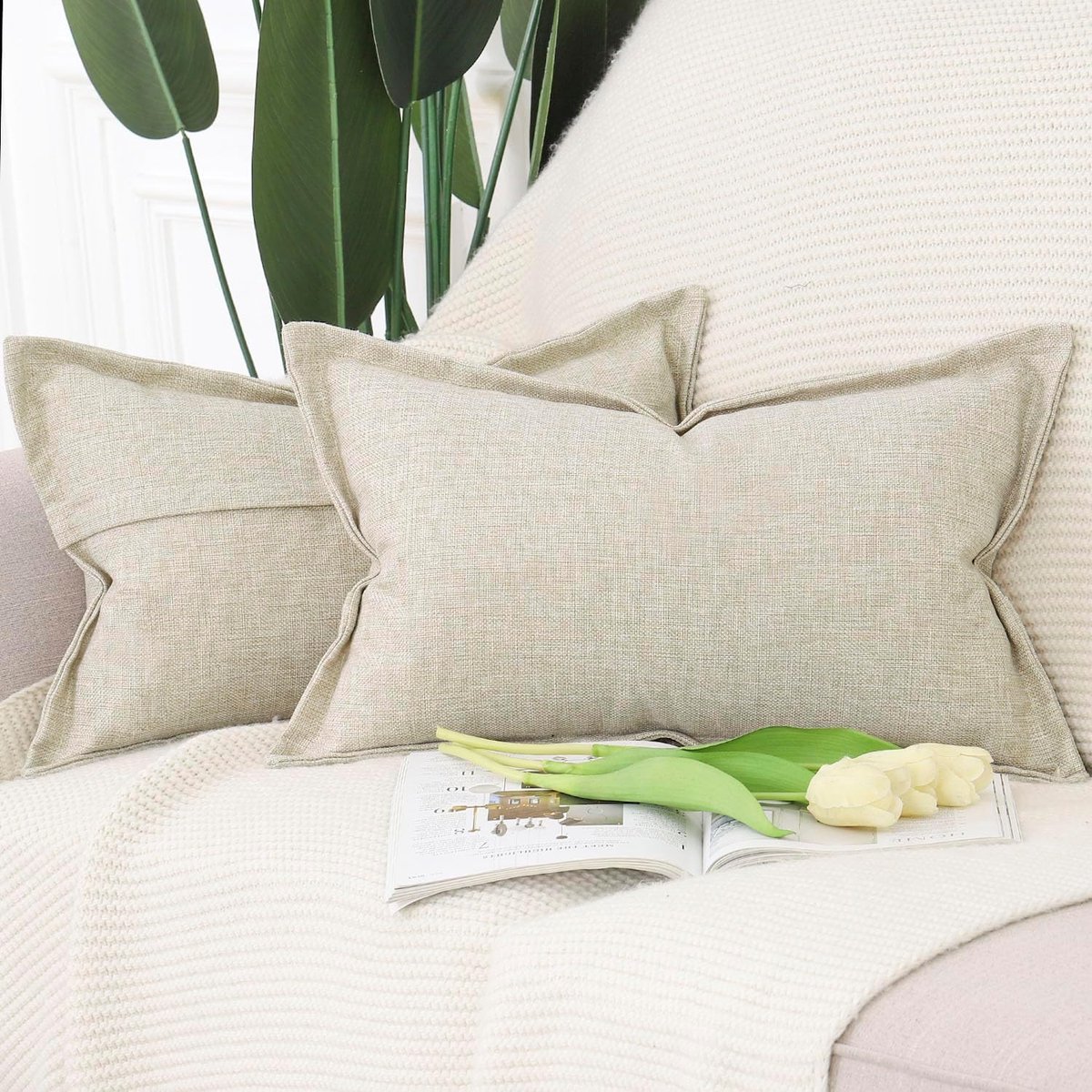 SnelShoppen - Set van 2 Imitatie Linnen Kussenslopen 40x60cm Licht Taupe - Decoratieve Kussenhoezen met Brede Rand voor Sofa en Slaapkamer