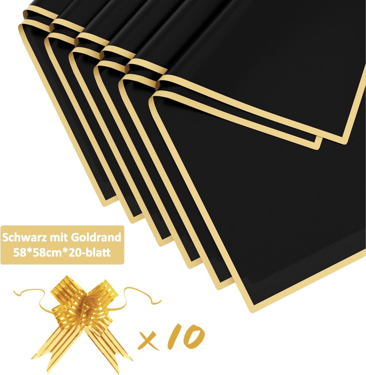 SnelShoppen - 20 Vellen Bloem Wikkelpapier met 10 Stuks Gouden Strikjes - 58x58cm Zwart met Gouden Rand - Waterproof Cadeau Wikkelpapier voor Boekette