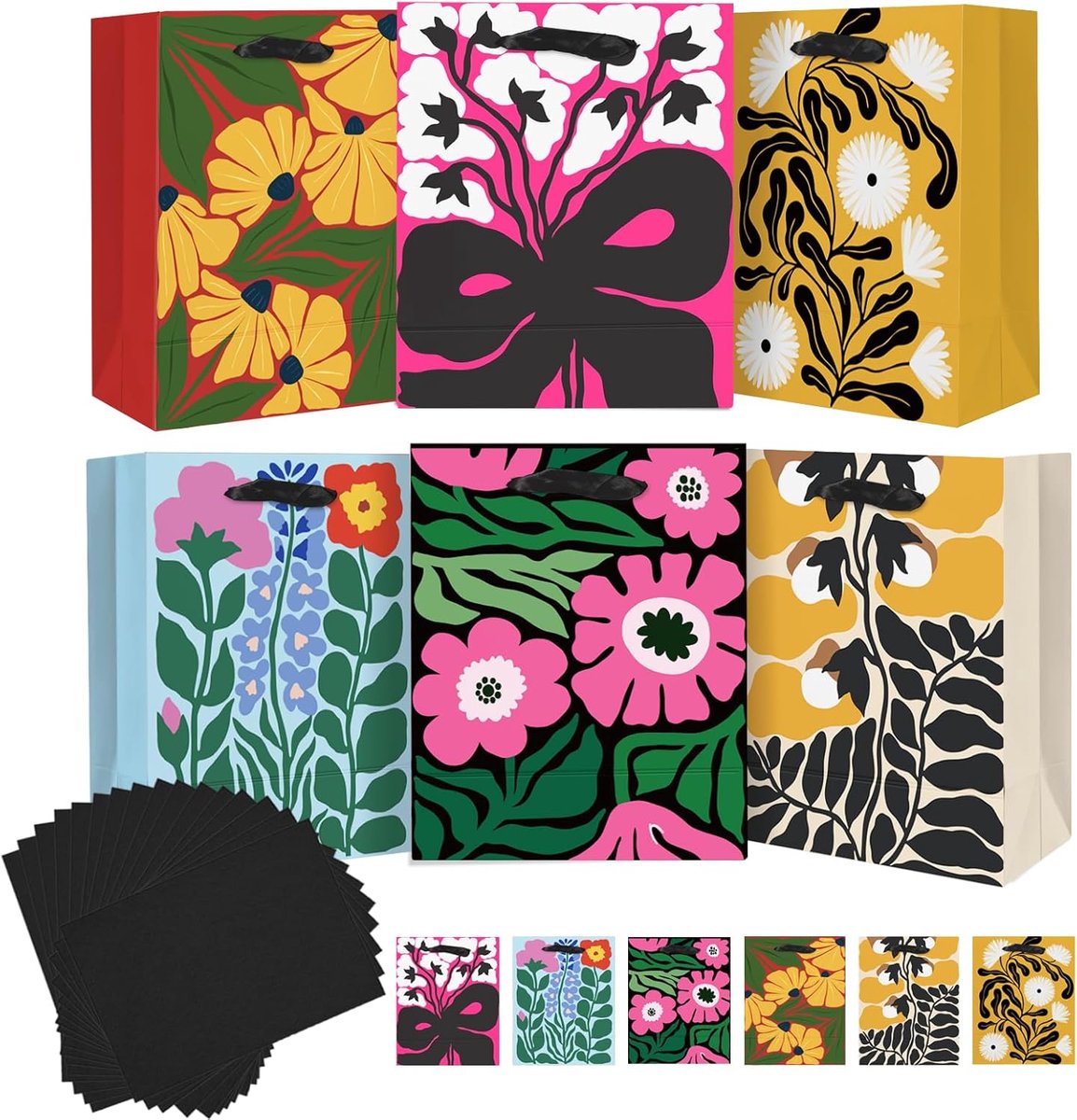 SnelShoppen - 6 Stuks Papieren Cadeauzakken met Bloeiende Bloemen en Zijdepapier Handvatten - Medium M 20 x 11 x 24 cm - Duurzaam FSC Gecertificeerd -