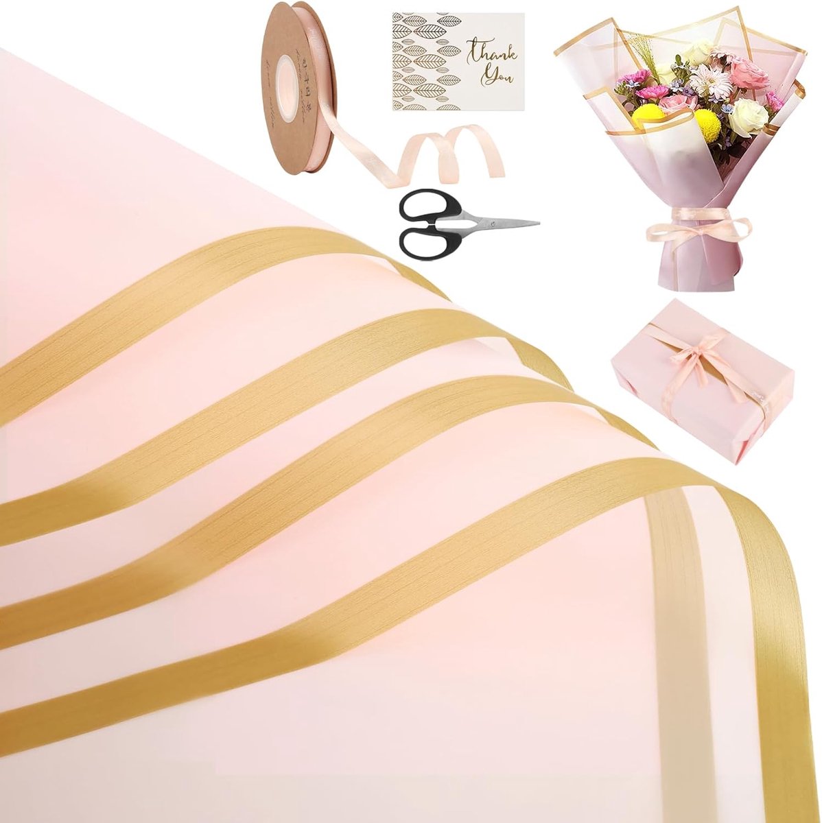 SnelShoppen - 20 Vellen Roze Bloemen Papier met Goudrand, Waterproof Cadeau Inpakpapier voor Bloemen, Geschenken, Creatief, Inclusief Schaar, Kaart en