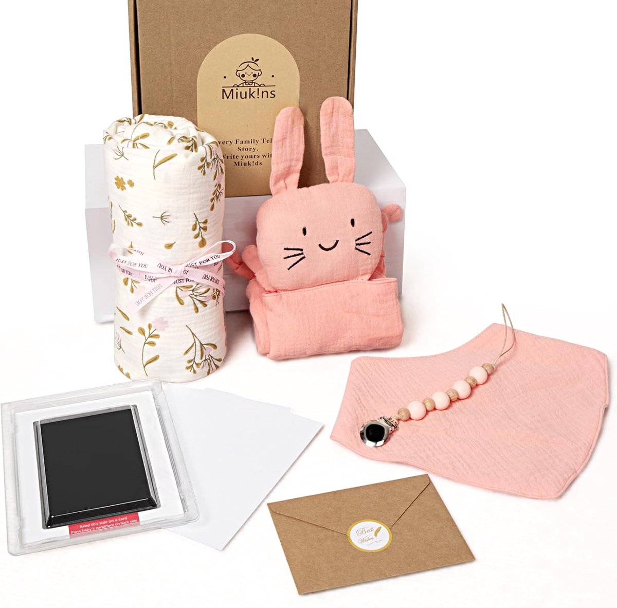 SnelShoppen - Baby Gift Girls Set 6-in-1, Nieuwborngeschenk met Muslin, Swaddle, Cuddle Cloth, Bib, Voetafdruk, Fopspeenketting, Groene Kleur, 100% Ka