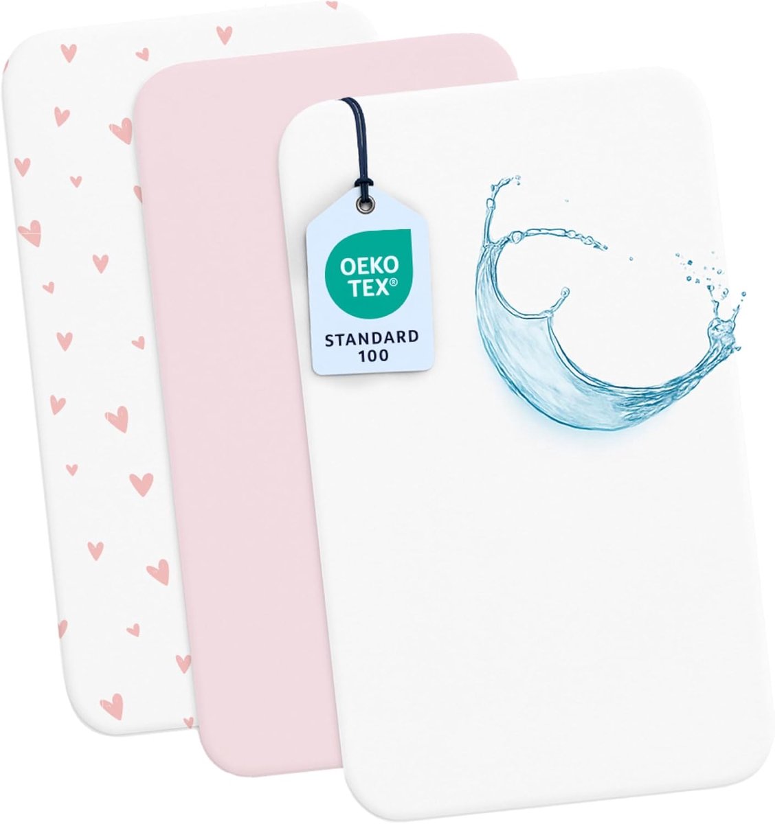 SnelShoppen - Set van 2 Co-sleeping Fitted Sheets + 1 Waterdichte Matrasbeschermer voor Kinderen - 55x90cm - 100% Katoen met Hartpatroon voor Babybedj
