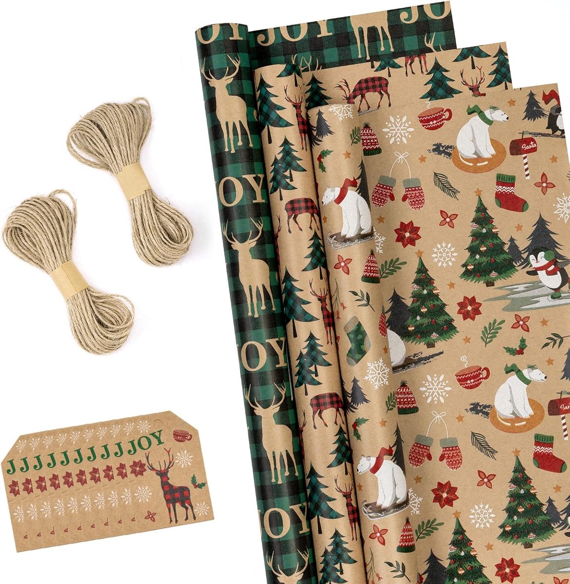 SnelShoppen - Kerst Cadeaupapier Rollen met Labels, Jute Touw, 43 cm x 3 m - 3 Rollen Kraft Groen Buffalo Ruit, Rendier en Noordpool Design - Perfect