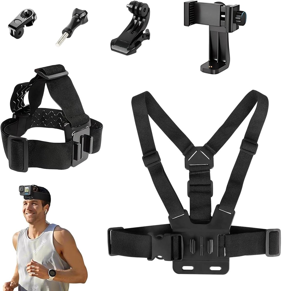 SnelShoppen - 6-delige Action Camera Accessoires Set: 3-in-1 Borstband & Hoofdband Houder, Mobiele Borsthouder, Verstelbare Camera Houder, Duurzaam Ny