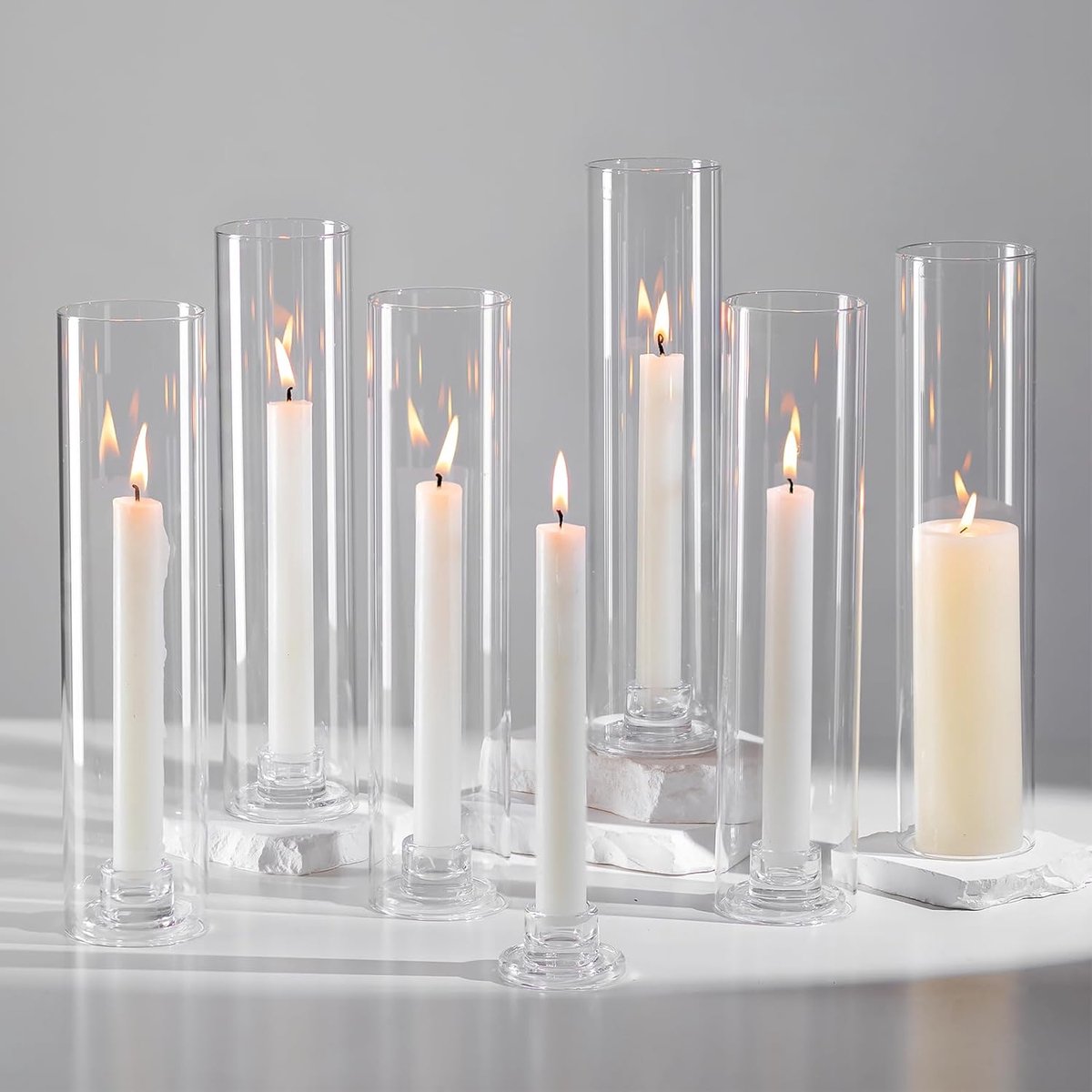 SnelShoppen - Set van 6 Elegante Glazen Hurricane Kaarsenhouders voor Tapered Kaarsen - Modern Decor voor Bruiloften, Feesten, en Kerst