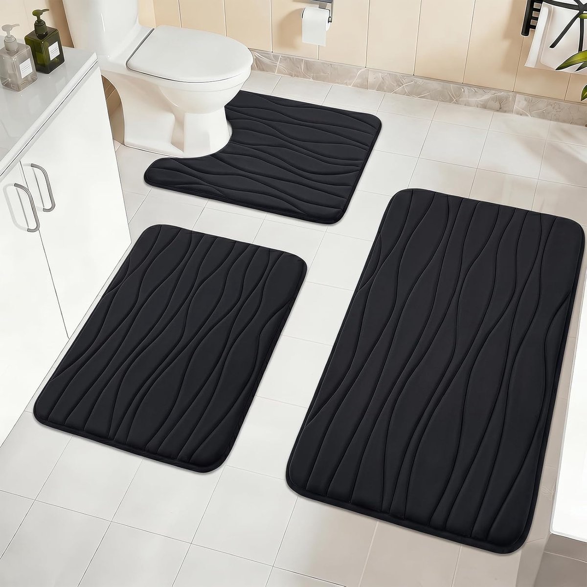 SnelShoppen - Badmat Set van 3 - Zacht Geheugenfoam - Antislip, Wasbaar en Waterabsorberend - U-Vormige Toiletmat - Zwart voor Badkamer, Douche en Toi