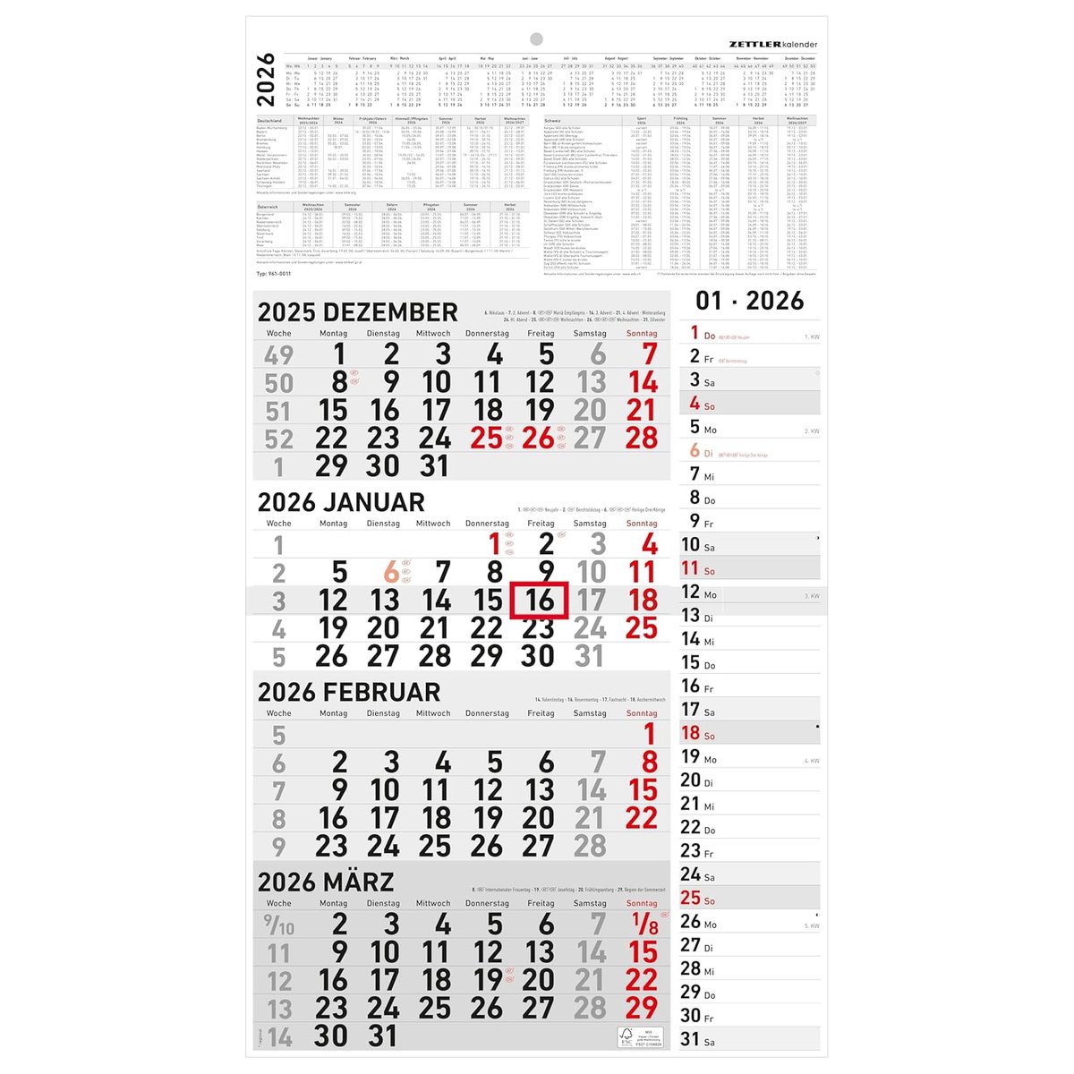 SnelShoppen - 4-Monatskalender Kombi 2026 - Bureau Kalender 33x45 cm - Inclusief Datumsschieber - Ideaal voor Thuis en Kantoor